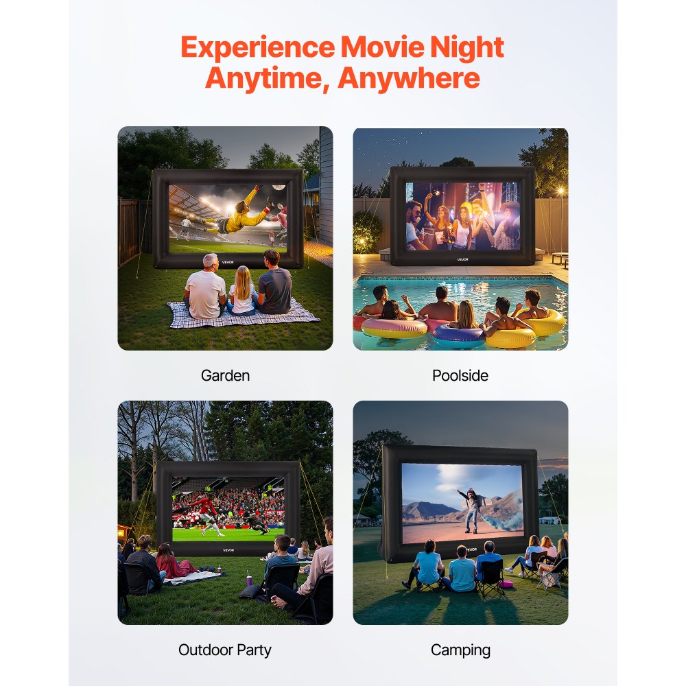 VEVOR Pantalla de Cine Inflable 319 x 182 cm Tela 600D Lavable con Bolsa de Almacenamiento Portátil Fácil de Instalar Pantalla de Proyección para Exteriores, Cine en casa, Fiestas, Marco Negro
