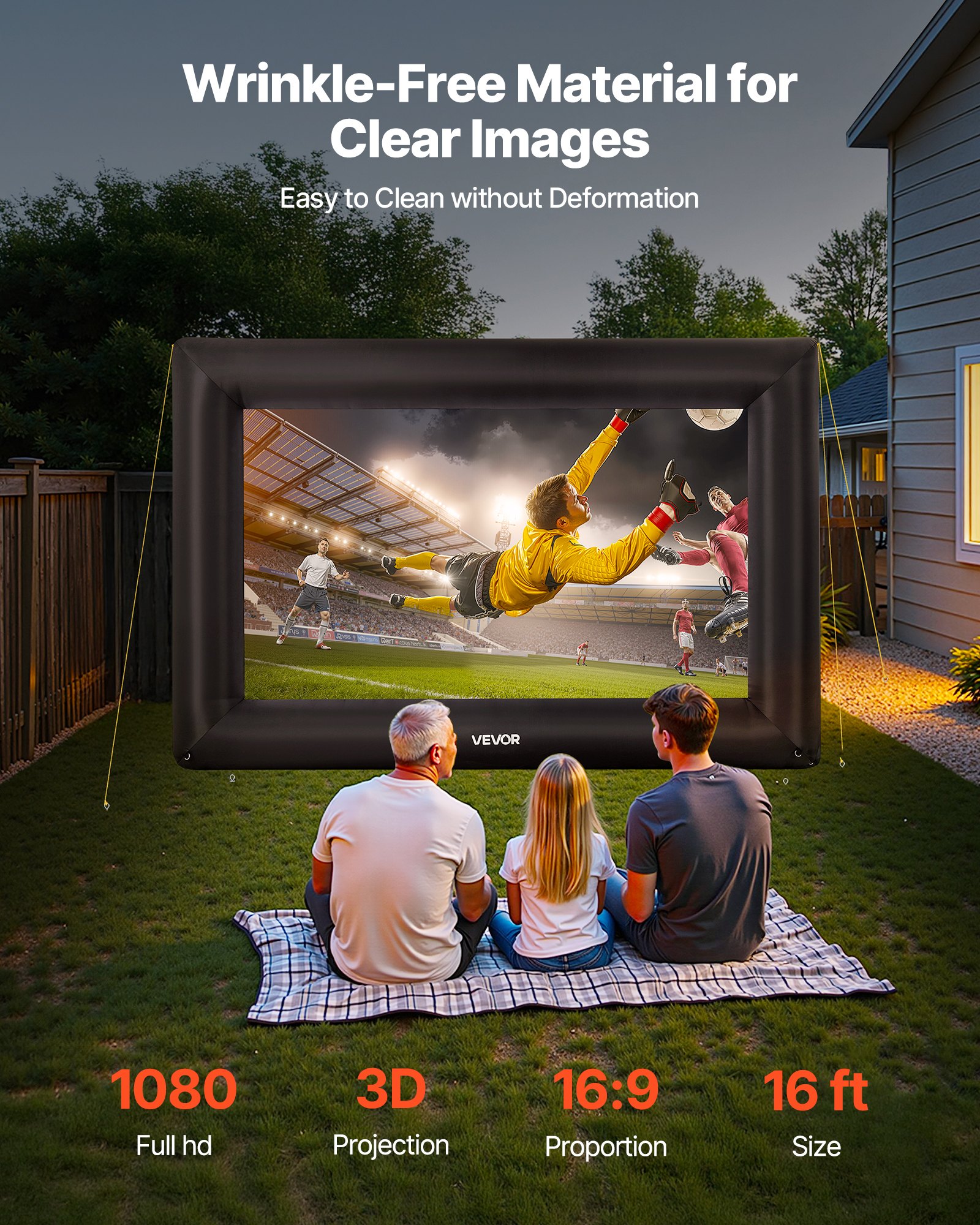 VEVOR Pantalla de Cine Inflable 319 x 182 cm Tela 600D Lavable con Bolsa de Almacenamiento Portátil Fácil de Instalar Pantalla de Proyección para Exteriores, Cine en casa, Fiestas, Marco Negro