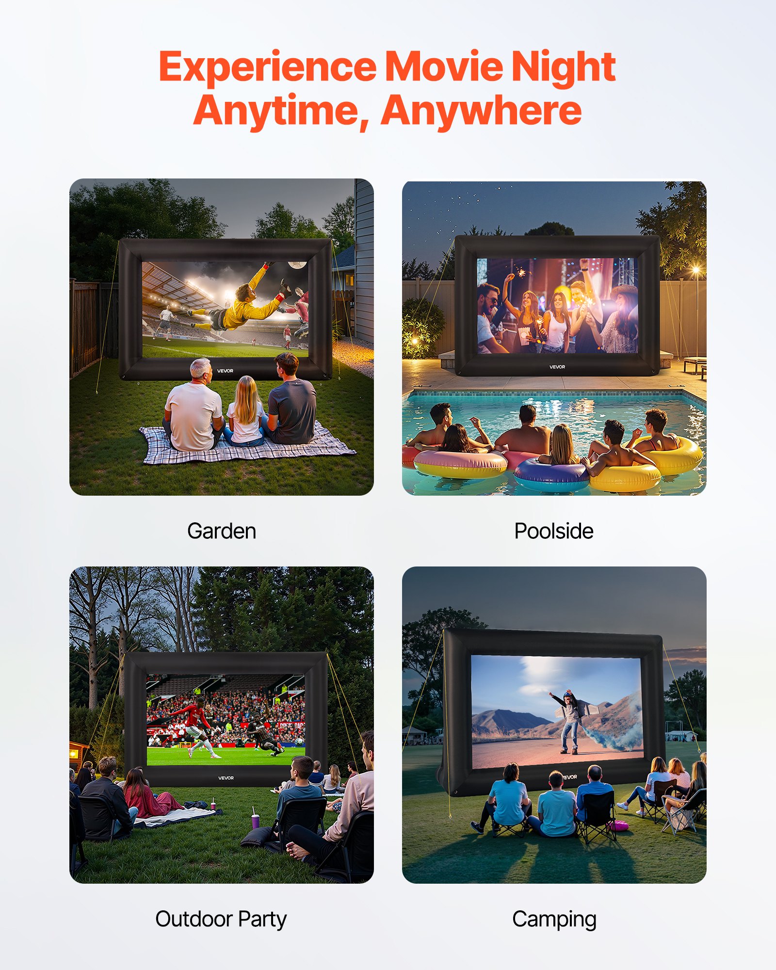 VEVOR Pantalla de Cine Inflable 319 x 182 cm Tela 600D Lavable con Bolsa de Almacenamiento Portátil Fácil de Instalar Pantalla de Proyección para Exteriores, Cine en casa, Fiestas, Marco Negro