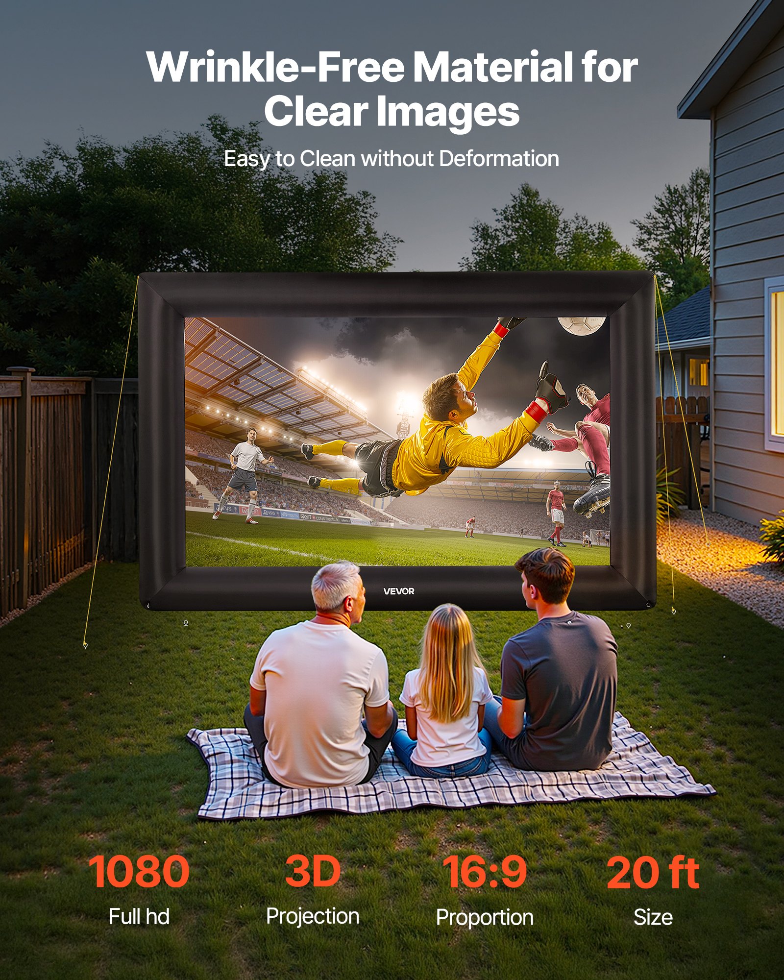 VEVOR Pantalla de Cine Inflable 423 x 240 cm Tela 600D Lavable con Bolsa de Almacenamiento Portátil Fácil de Instalar Pantalla de Proyección para Exteriores, Cine en casa, Fiestas, Marco Negro