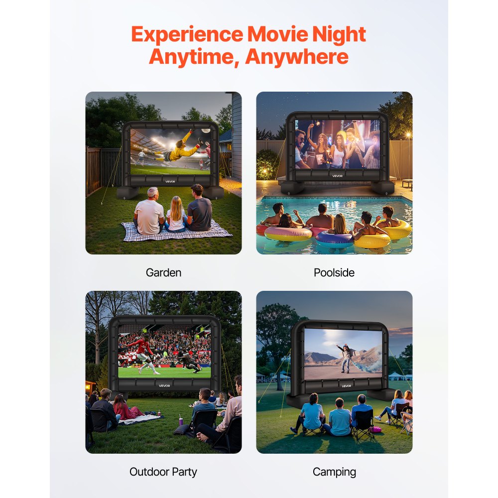 VEVOR Pantalla de Cine Inflable 259 x 146 cm 16:9 Lavable 600D con Bolsa de Almacenamiento Portátil Fácil de Instalar Visión de 160° Pantalla de Proyección para Exteriores, Cine en casa, Fiestas