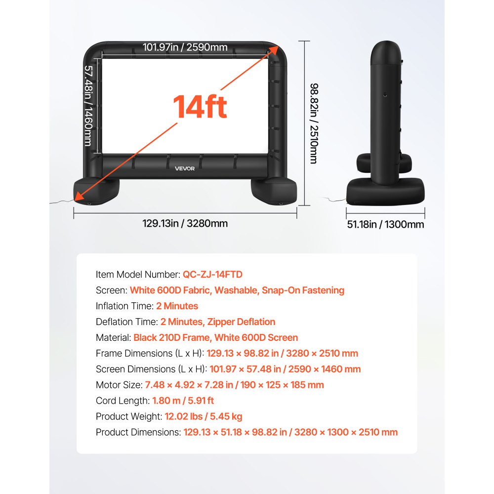VEVOR Pantalla de Cine Inflable 259 x 146 cm 16:9 Lavable 600D con Bolsa de Almacenamiento Portátil Fácil de Instalar Visión de 160° Pantalla de Proyección para Exteriores, Cine en casa, Fiestas