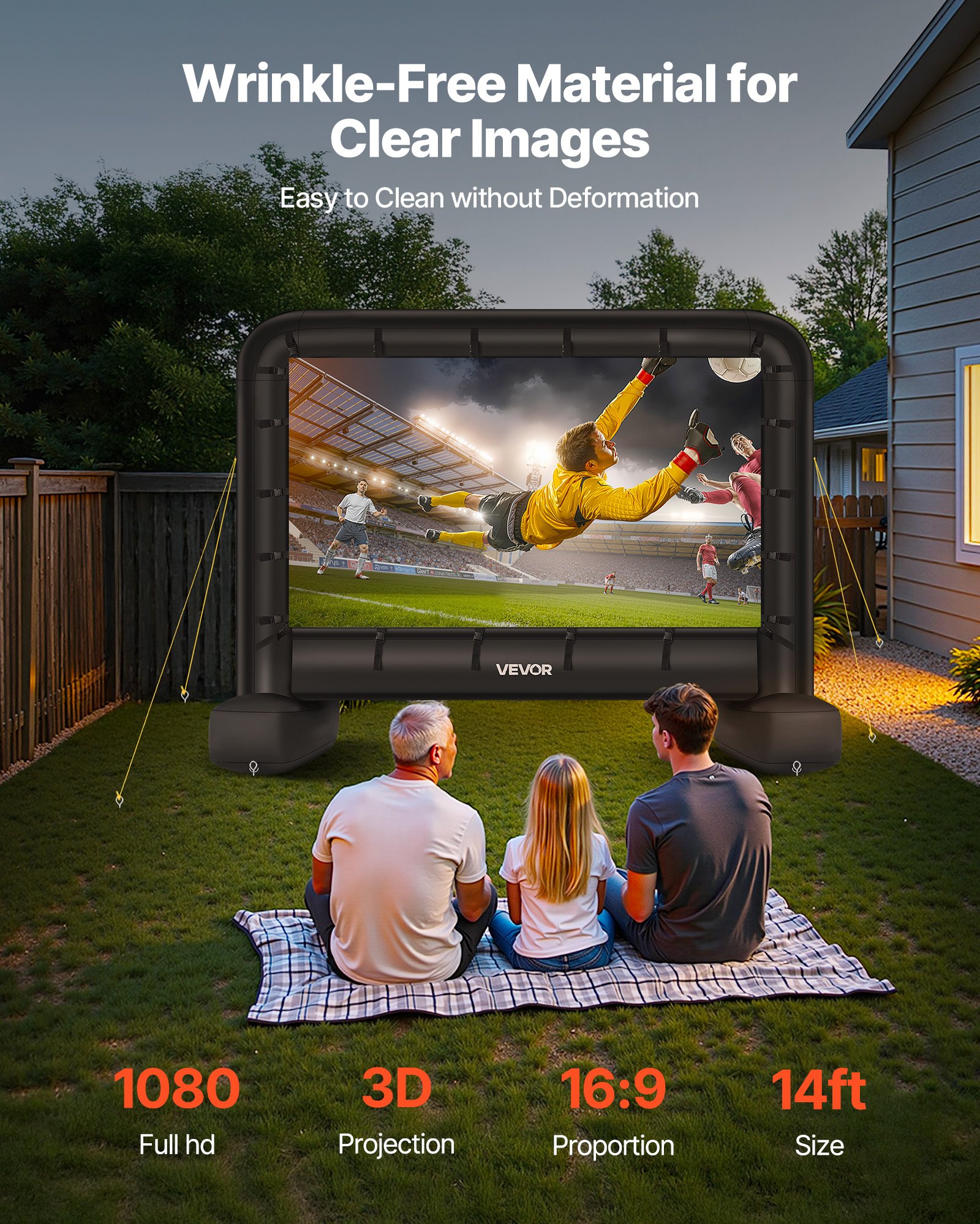 VEVOR Pantalla de Cine Inflable 259 x 146 cm 16:9 Lavable 600D con Bolsa de Almacenamiento Portátil Fácil de Instalar Visión de 160° Pantalla de Proyección para Exteriores, Cine en casa, Fiestas