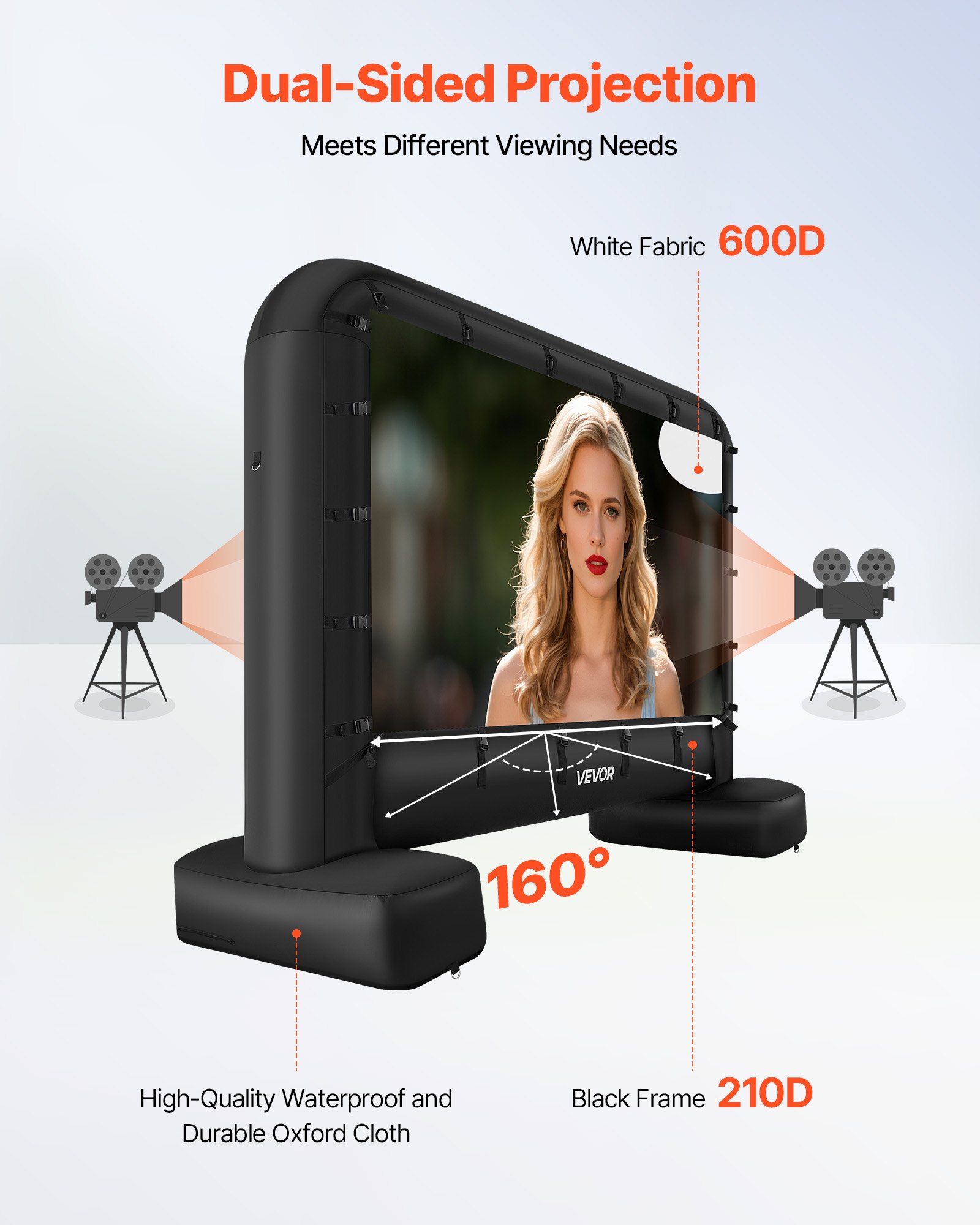 VEVOR Pantalla de Cine Inflable 259 x 146 cm 16:9 Lavable 600D con Bolsa de Almacenamiento Portátil Fácil de Instalar Visión de 160° Pantalla de Proyección para Exteriores, Cine en casa, Fiestas