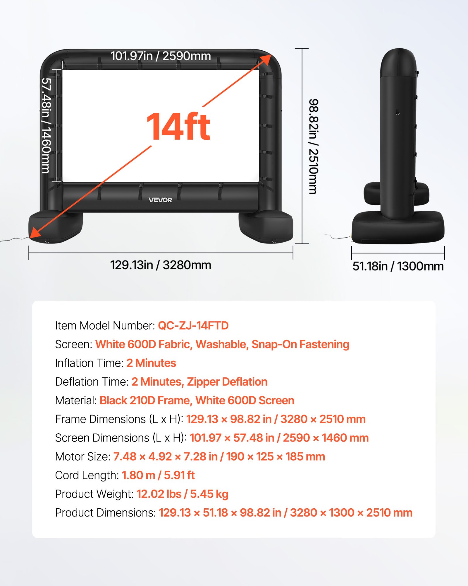 VEVOR Pantalla de Cine Inflable 259 x 146 cm 16:9 Lavable 600D con Bolsa de Almacenamiento Portátil Fácil de Instalar Visión de 160° Pantalla de Proyección para Exteriores, Cine en casa, Fiestas
