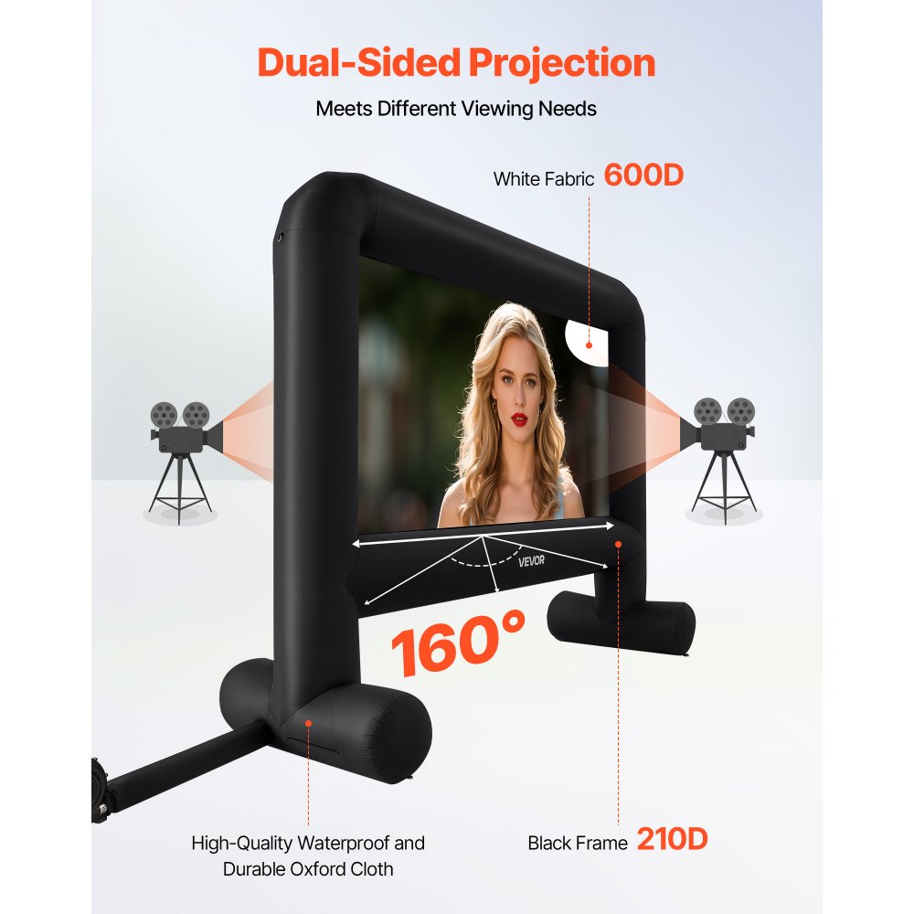 VEVOR Pantalla de Cine Inflable 288 x 155 cm 16:9 Lavable 600D con Bolsa de Almacenamiento Portátil Fácil de Instalar Visión de 160° Pantalla de Proyección para Exteriores, Cine en casa, Fiestas