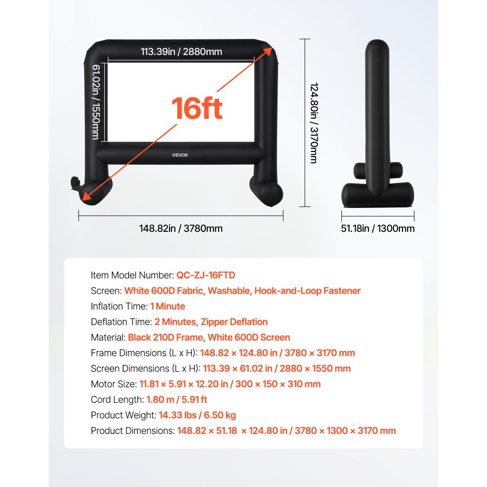 VEVOR Pantalla de Cine Inflable 288 x 155 cm 16:9 Lavable 600D con Bolsa de Almacenamiento Portátil Fácil de Instalar Visión de 160° Pantalla de Proyección para Exteriores, Cine en casa, Fiestas