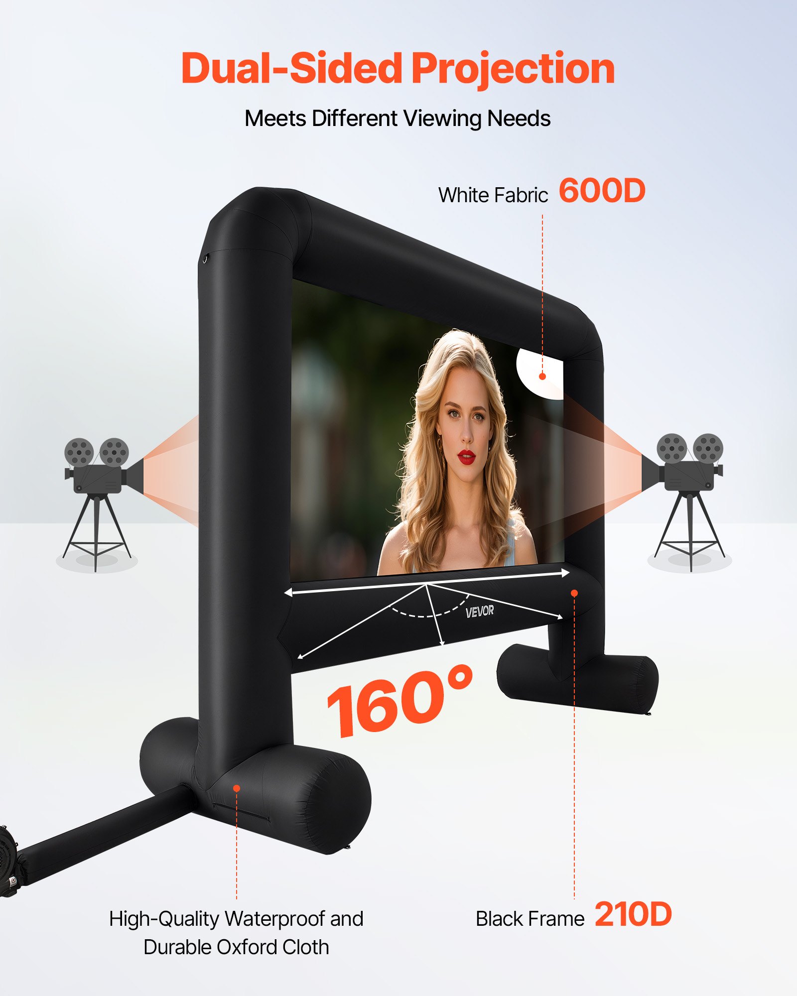 VEVOR Pantalla de Cine Inflable 288 x 155 cm 16:9 Lavable 600D con Bolsa de Almacenamiento Portátil Fácil de Instalar Visión de 160° Pantalla de Proyección para Exteriores, Cine en casa, Fiestas