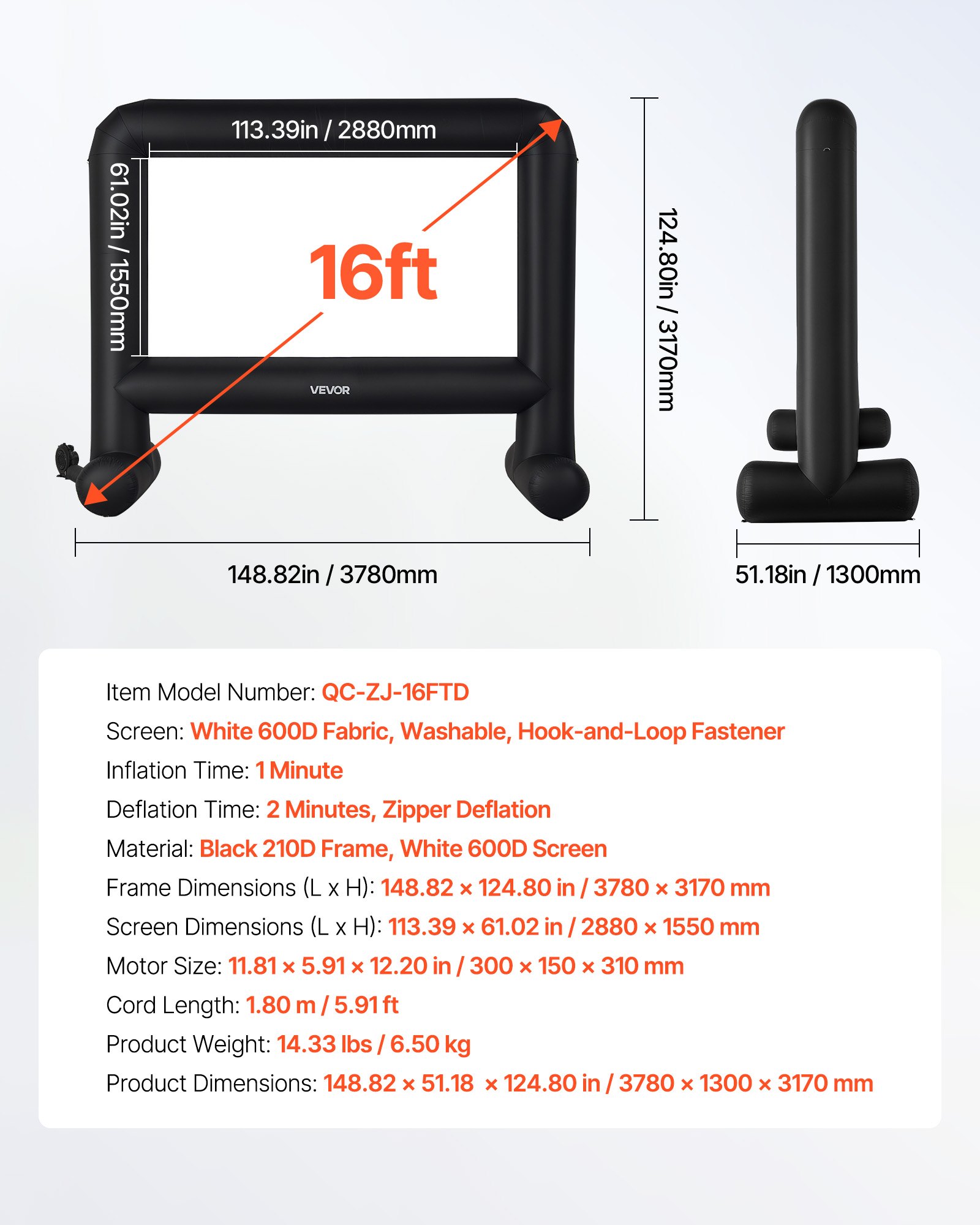VEVOR Pantalla de Cine Inflable 288 x 155 cm 16:9 Lavable 600D con Bolsa de Almacenamiento Portátil Fácil de Instalar Visión de 160° Pantalla de Proyección para Exteriores, Cine en casa, Fiestas