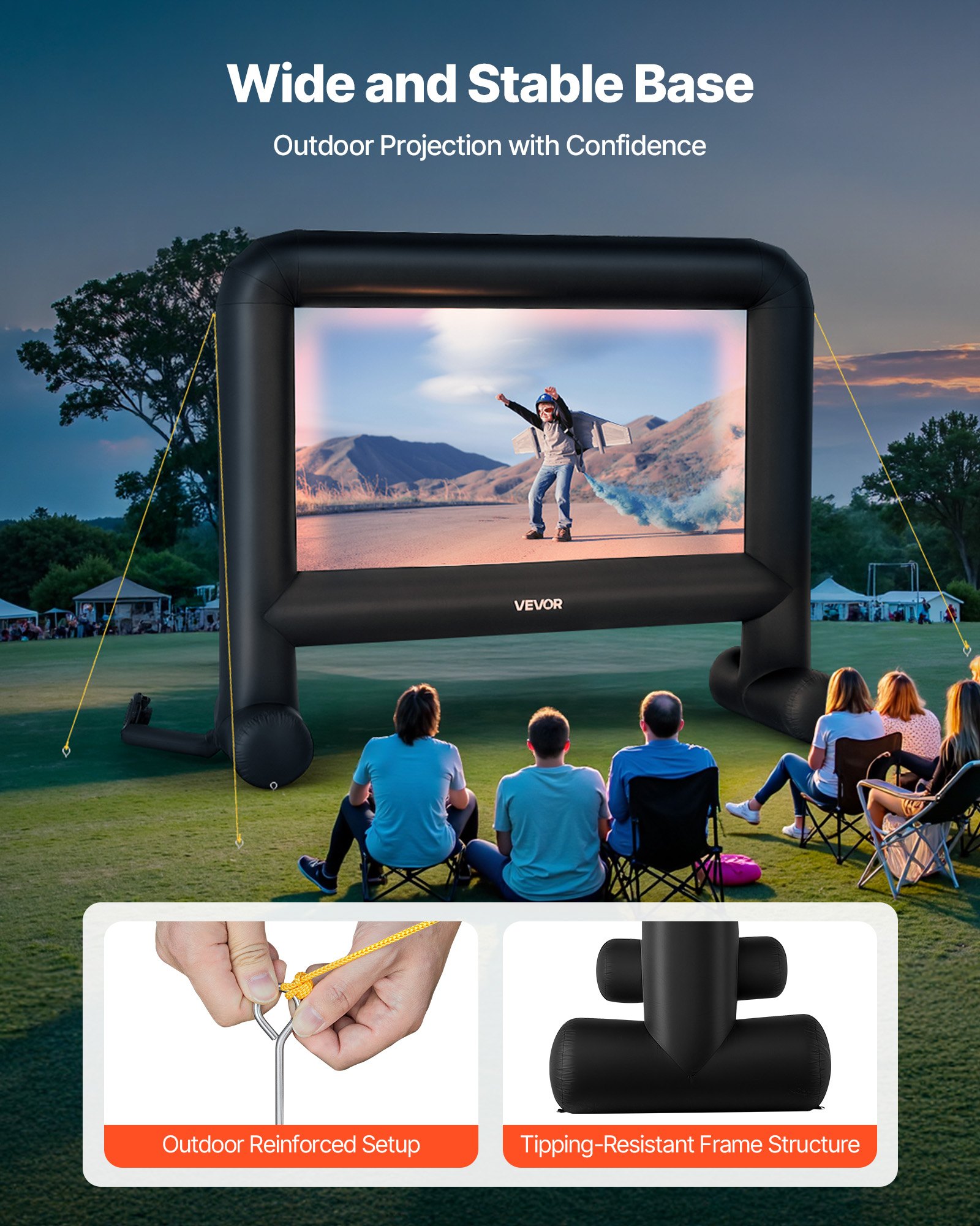 VEVOR Pantalla de Cine Inflable 288 x 155 cm 16:9 Lavable 600D con Bolsa de Almacenamiento Portátil Fácil de Instalar Visión de 160° Pantalla de Proyección para Exteriores, Cine en casa, Fiestas