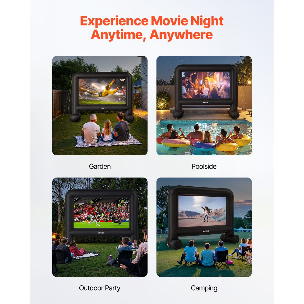 VEVOR Pantalla de Cine Inflable 263 x 147 cm 16:9 Lavable 600D con Bolsa de Almacenamiento Portátil Fácil de Instalar Visión de 160° Pantalla de Proyección para Exteriores, Cine en casa, Fiestas