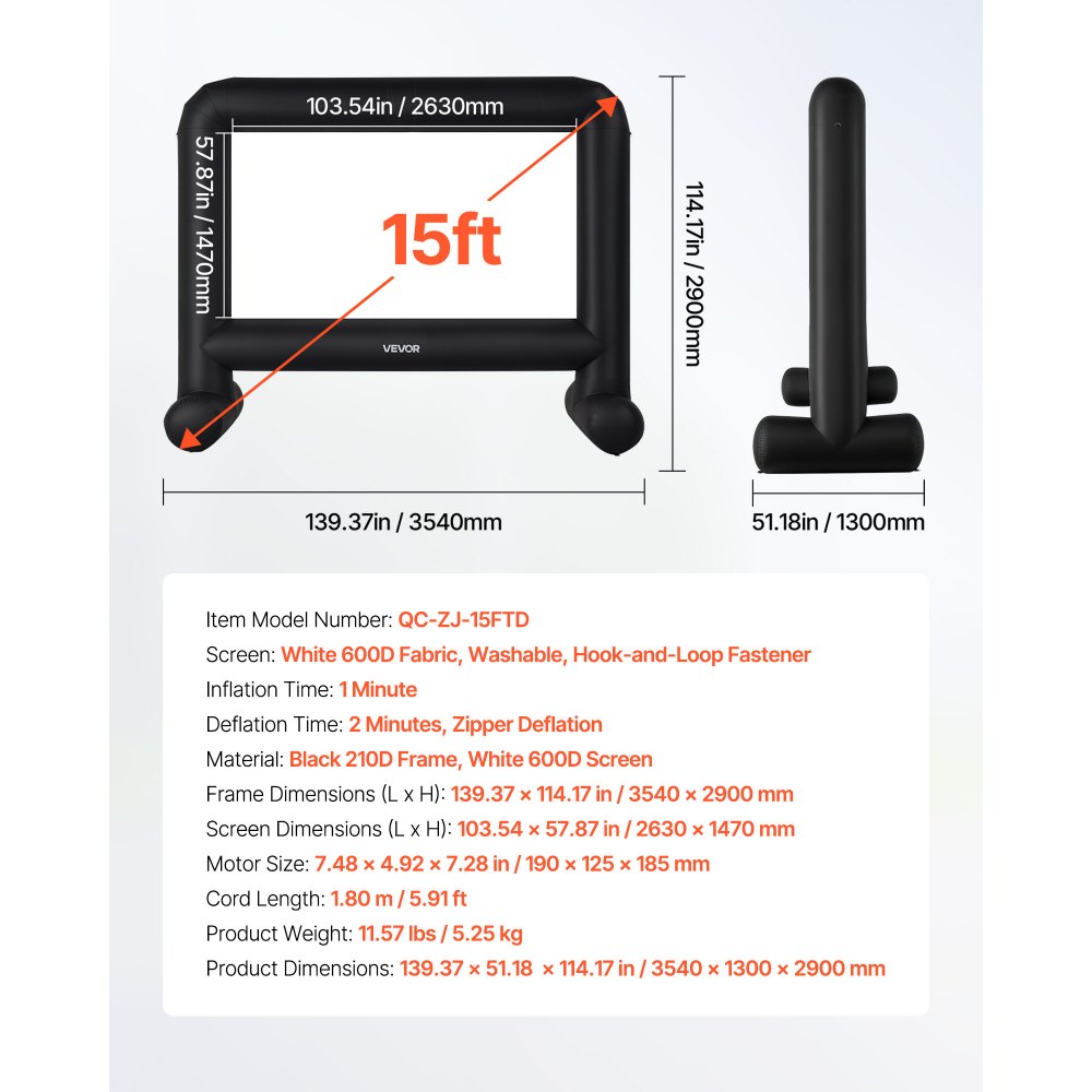 VEVOR Pantalla de Cine Inflable 263 x 147 cm 16:9 Lavable 600D con Bolsa de Almacenamiento Portátil Fácil de Instalar Visión de 160° Pantalla de Proyección para Exteriores, Cine en casa, Fiestas