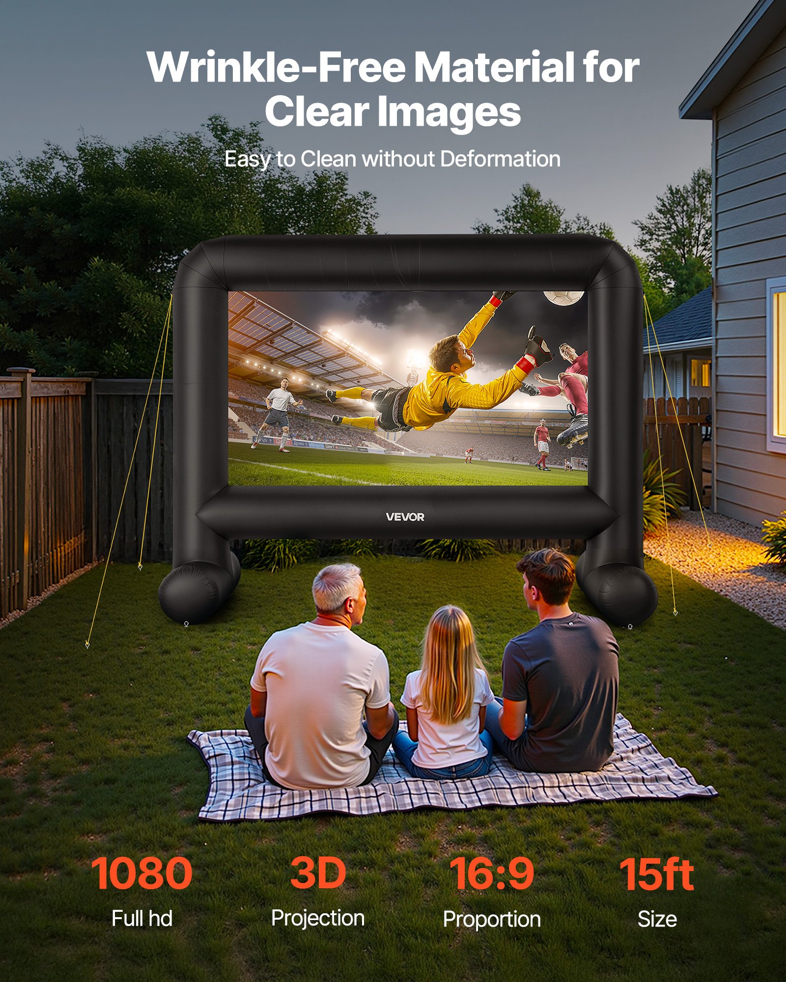 VEVOR 15 ft Inflatable Movie Screen, 600D Washable Inflatable Projection Screen with Portable Storage Bag, Easy Set Up 16:9 Movie Projector for Outdoor Backyard, Home Theater, Theme Party, Pool Fun