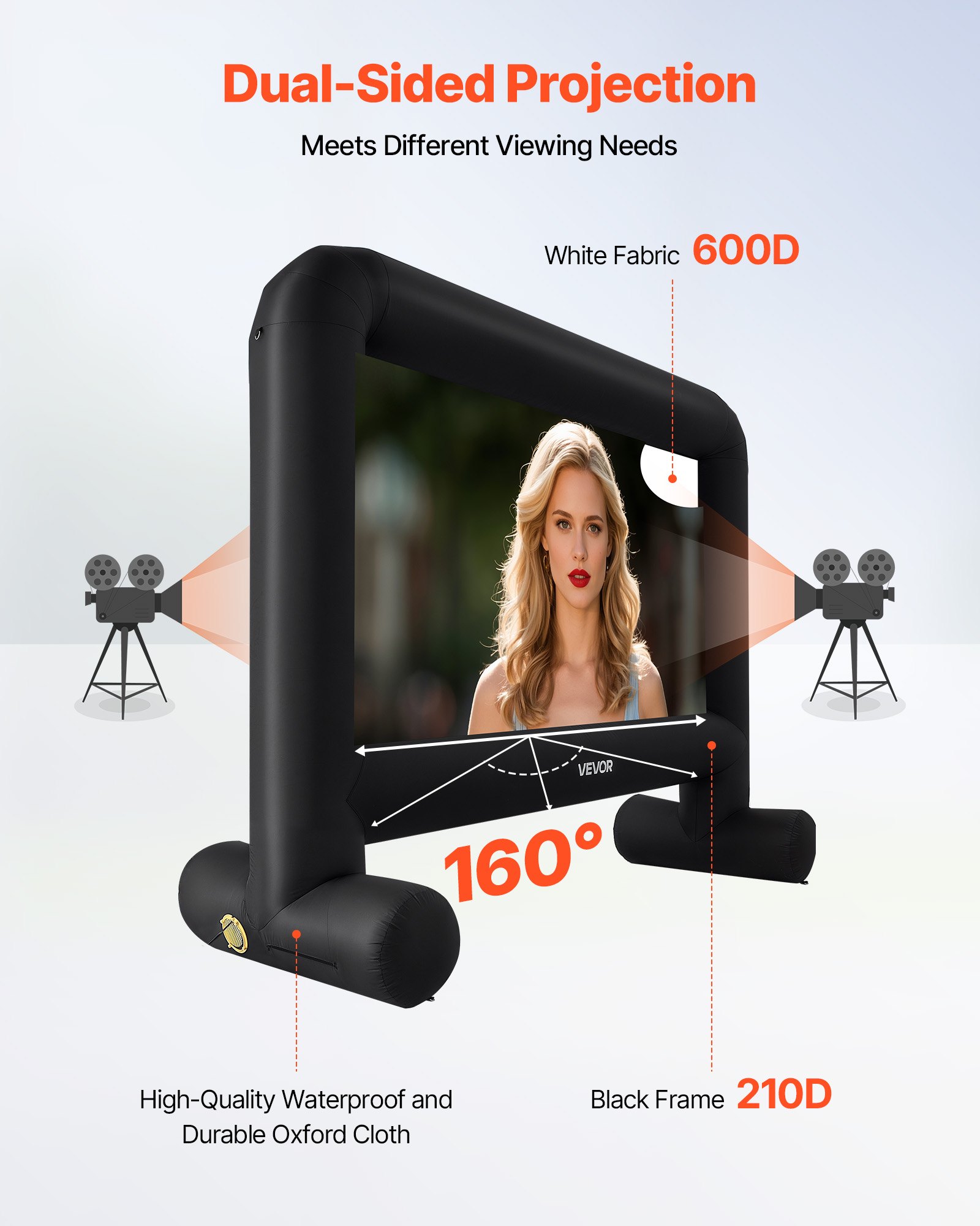 VEVOR Pantalla de Cine Inflable 263 x 147 cm 16:9 Lavable 600D con Bolsa de Almacenamiento Portátil Fácil de Instalar Visión de 160° Pantalla de Proyección para Exteriores, Cine en casa, Fiestas