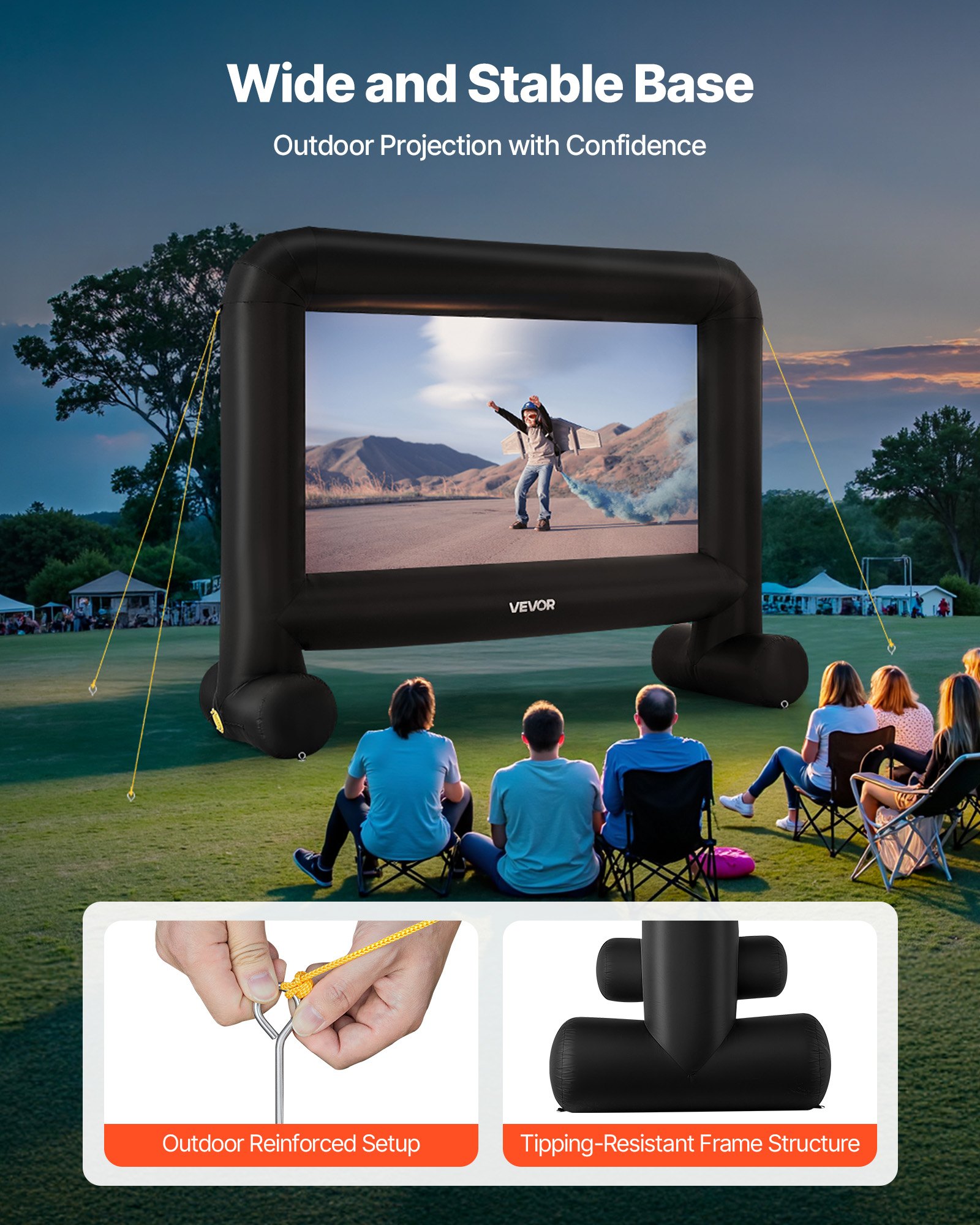 VEVOR Pantalla de Cine Inflable 263 x 147 cm 16:9 Lavable 600D con Bolsa de Almacenamiento Portátil Fácil de Instalar Visión de 160° Pantalla de Proyección para Exteriores, Cine en casa, Fiestas