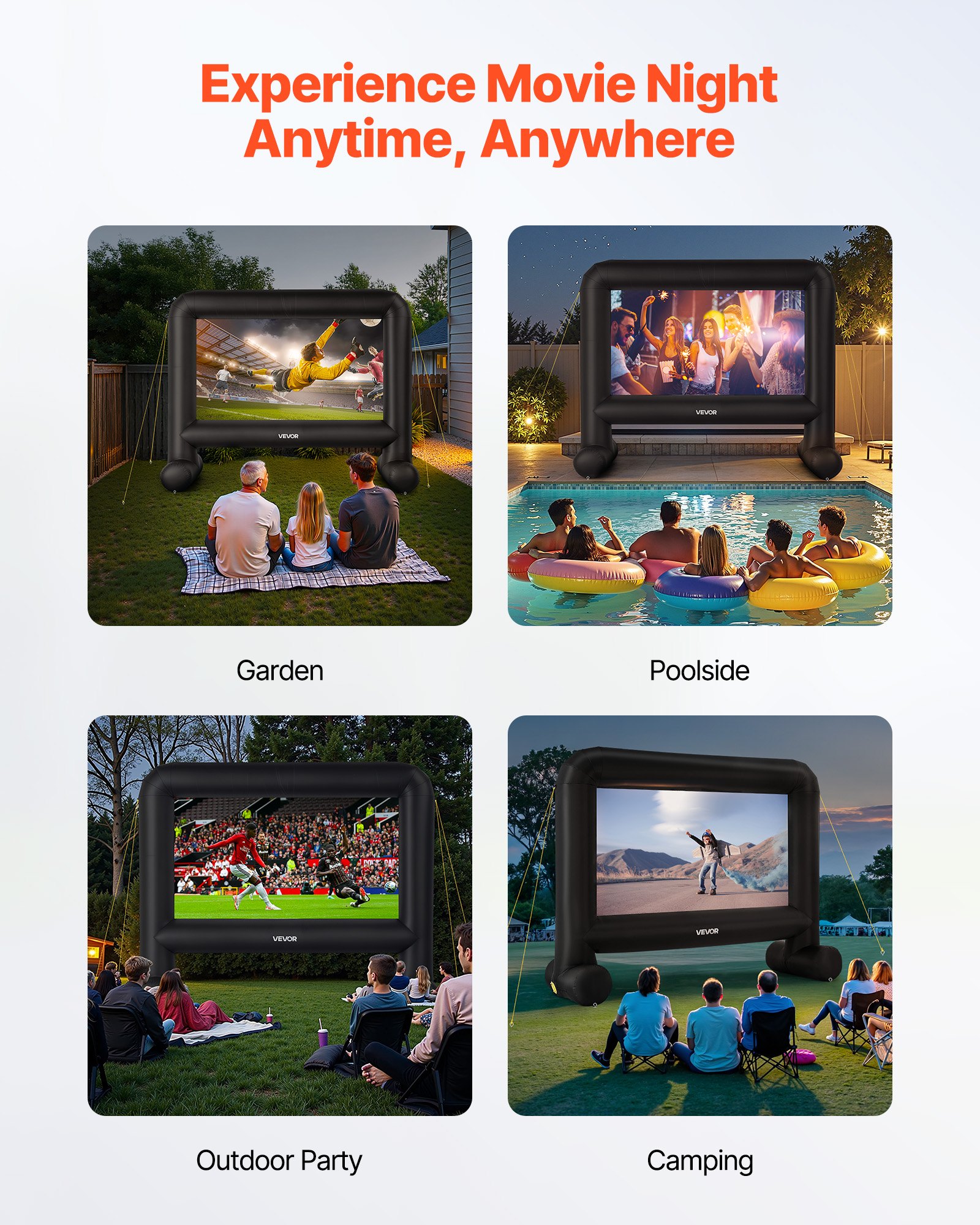 VEVOR Pantalla de Cine Inflable 263 x 147 cm 16:9 Lavable 600D con Bolsa de Almacenamiento Portátil Fácil de Instalar Visión de 160° Pantalla de Proyección para Exteriores, Cine en casa, Fiestas