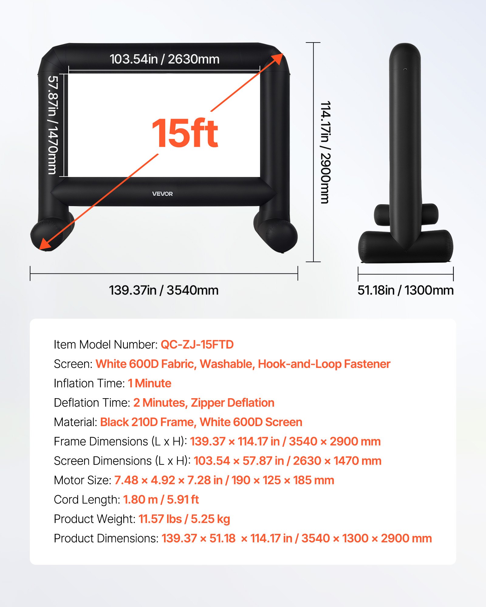 VEVOR Pantalla de Cine Inflable 263 x 147 cm 16:9 Lavable 600D con Bolsa de Almacenamiento Portátil Fácil de Instalar Visión de 160° Pantalla de Proyección para Exteriores, Cine en casa, Fiestas