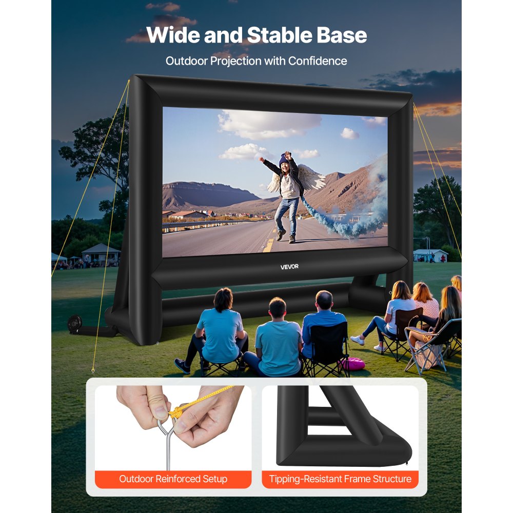 VEVOR Pantalla de Cine Inflable 386 x 217 cm 16:9 Lavable 600D con Bolsa de Almacenamiento Portátil Fácil de Instalar Visión de 160° Pantalla de Proyección para Exteriores, Cine en casa, Fiestas