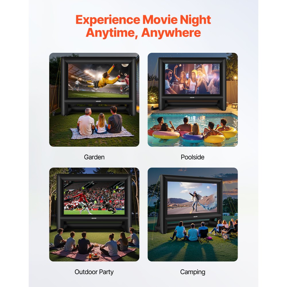 VEVOR Pantalla de Cine Inflable 386 x 217 cm 16:9 Lavable 600D con Bolsa de Almacenamiento Portátil Fácil de Instalar Visión de 160° Pantalla de Proyección para Exteriores, Cine en casa, Fiestas