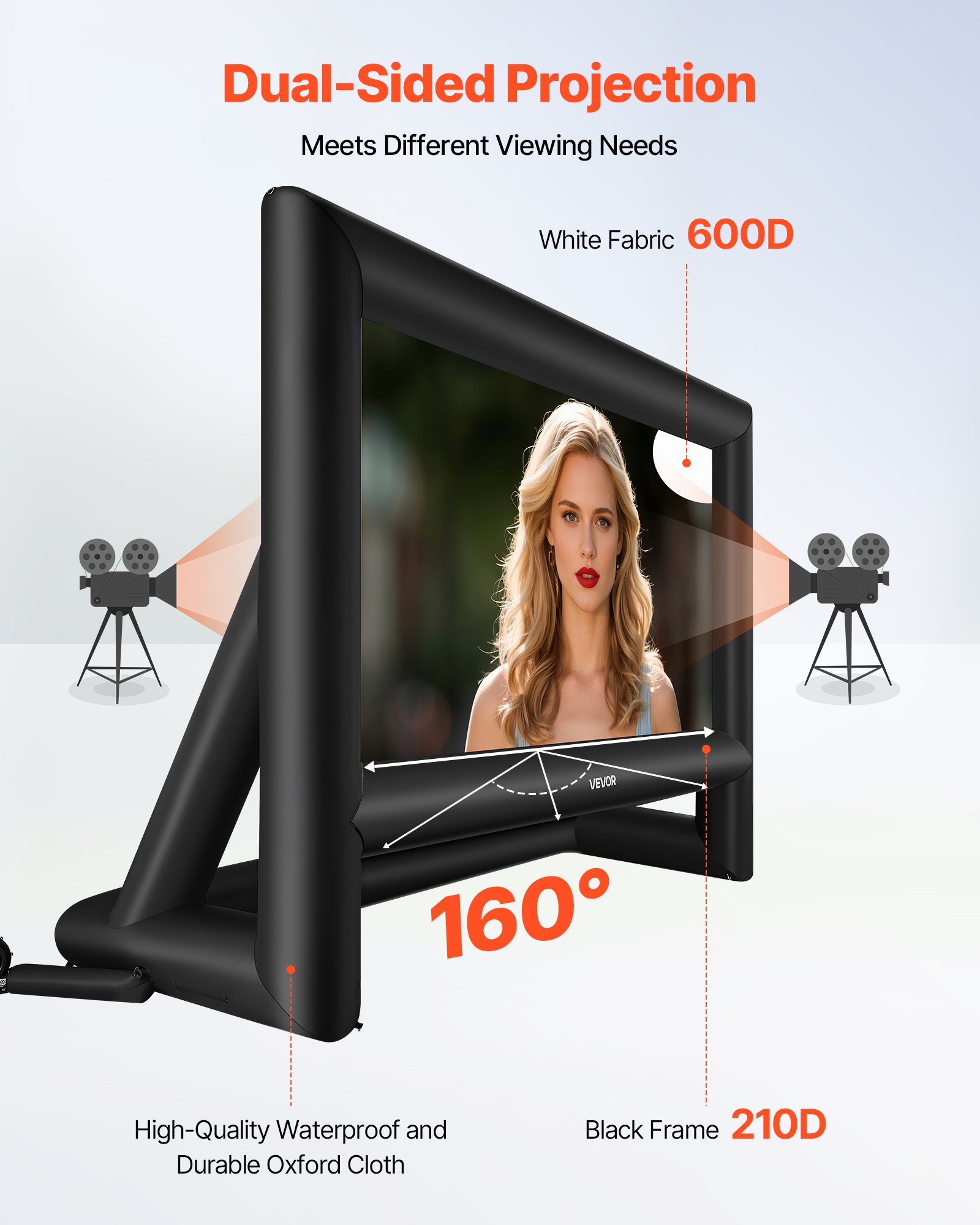VEVOR Pantalla de Cine Inflable 386 x 217 cm 16:9 Lavable 600D con Bolsa de Almacenamiento Portátil Fácil de Instalar Visión de 160° Pantalla de Proyección para Exteriores, Cine en casa, Fiestas