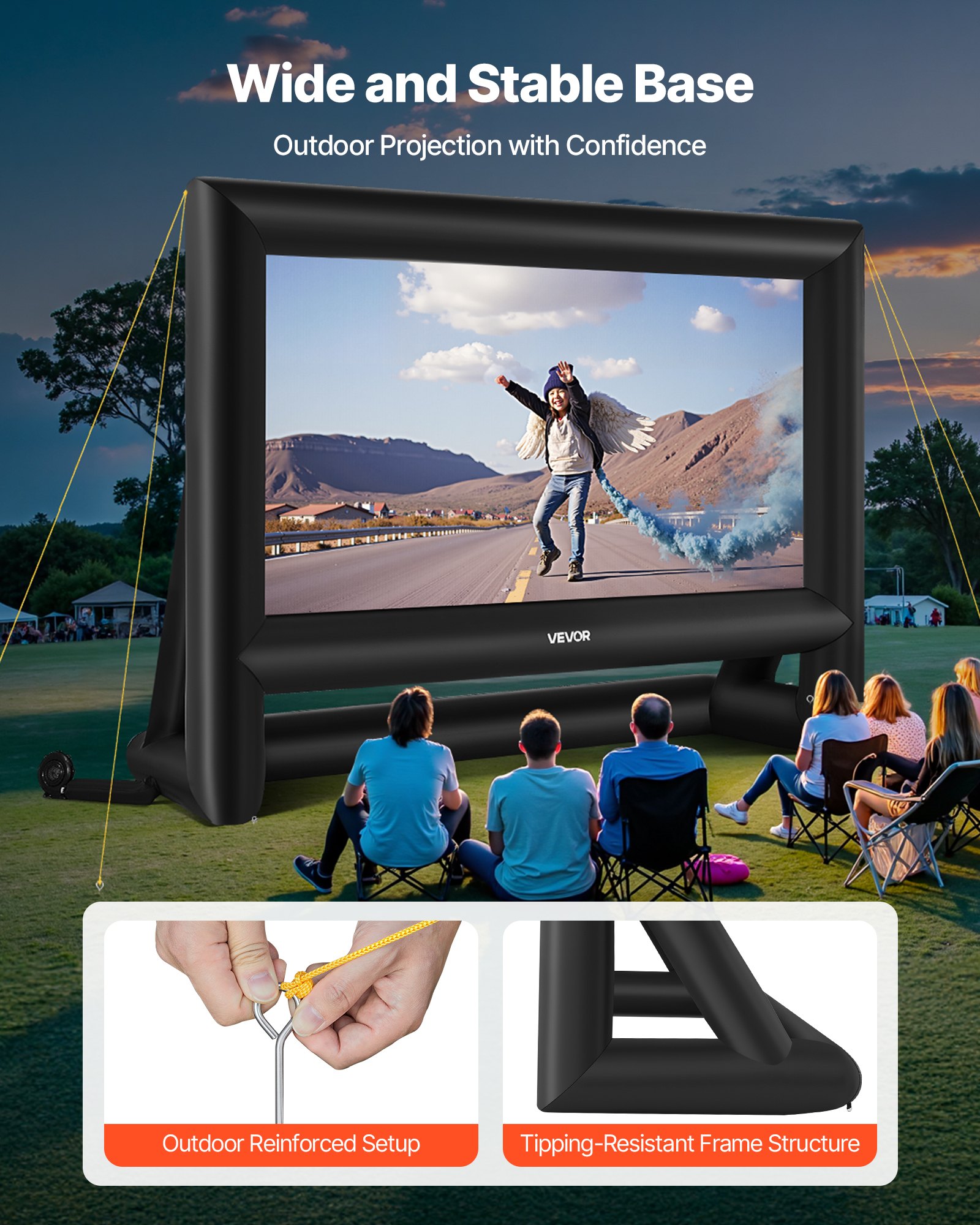VEVOR Pantalla de Cine Inflable 386 x 217 cm 16:9 Lavable 600D con Bolsa de Almacenamiento Portátil Fácil de Instalar Visión de 160° Pantalla de Proyección para Exteriores, Cine en casa, Fiestas