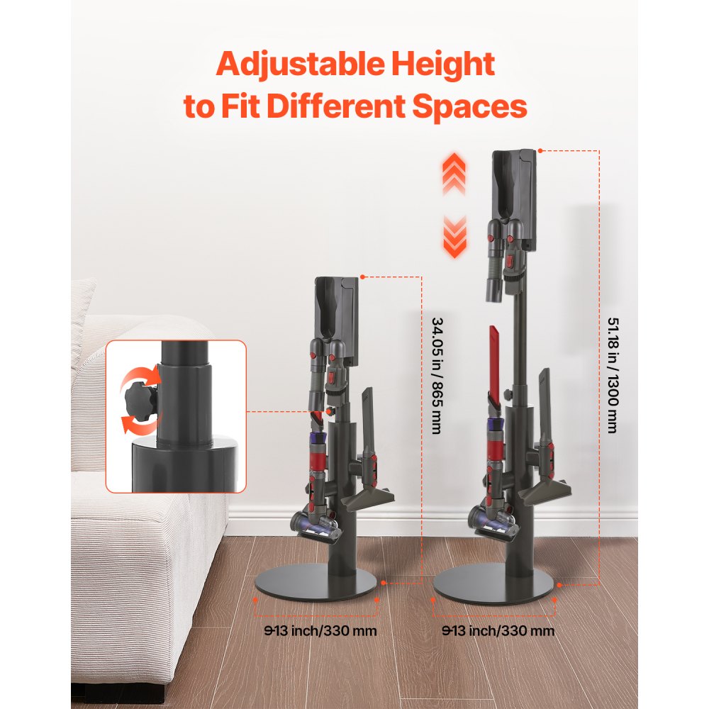 VEVOR Soporte de Aspiradora Compatible con Aspiradoras Verticales Dyson V7, V8, V10, V11, V12, V15, SV10, SV12, SV14, SV18 y SV21, Soporte Estable con 3 Clips, Altura Ajustable de 87,5 a 130 cm