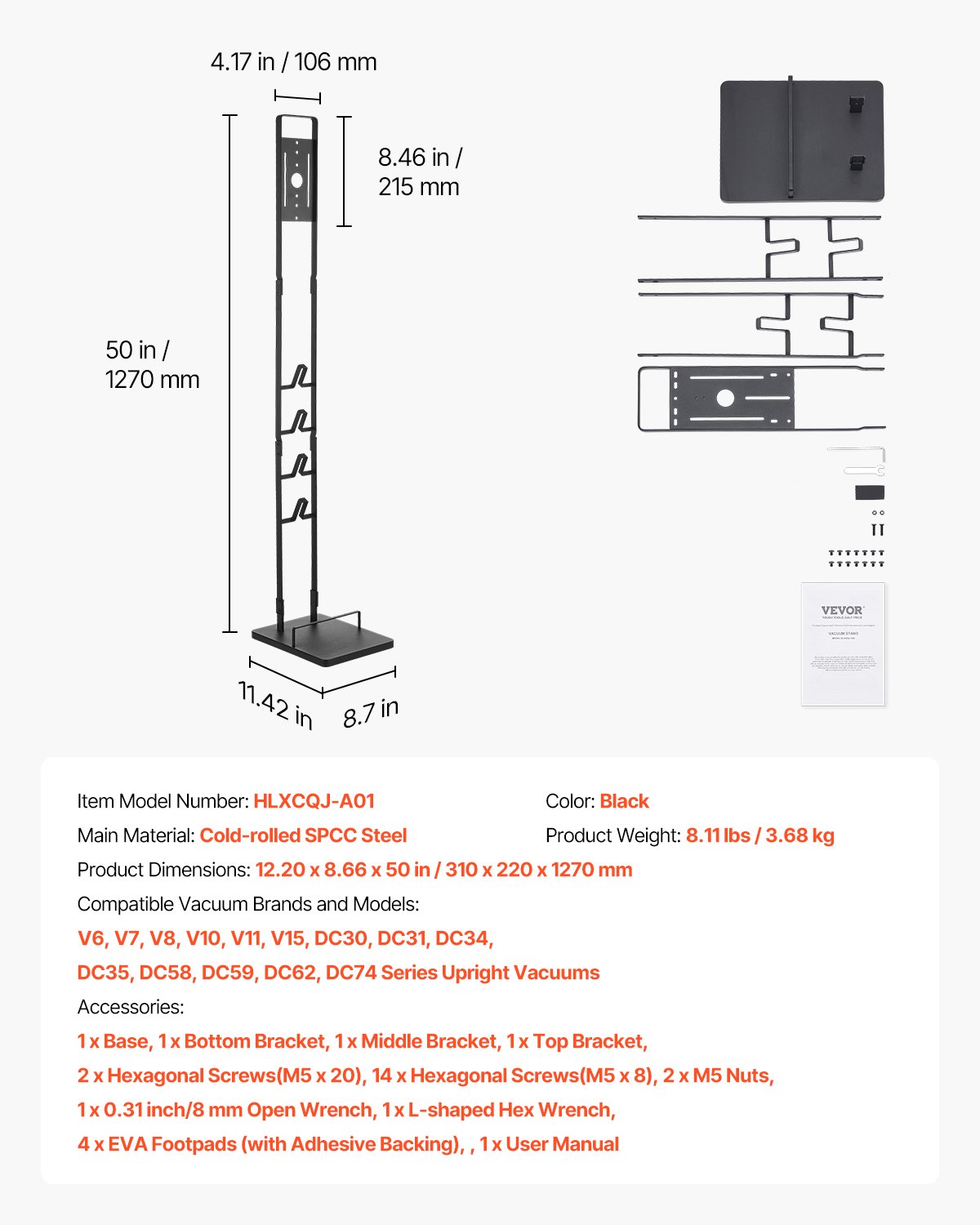 VEVOR Soporte de Aspiradora 1270 mm Compatible con Dyson V6 V7 V8 V10 V11 V15 Soporte Estable para Aspiradora con 4 Ganchos para Aspiradoras Verticales Dyson DC30 DC31 DC34 DC35 DC58 DC59 DC62 D74