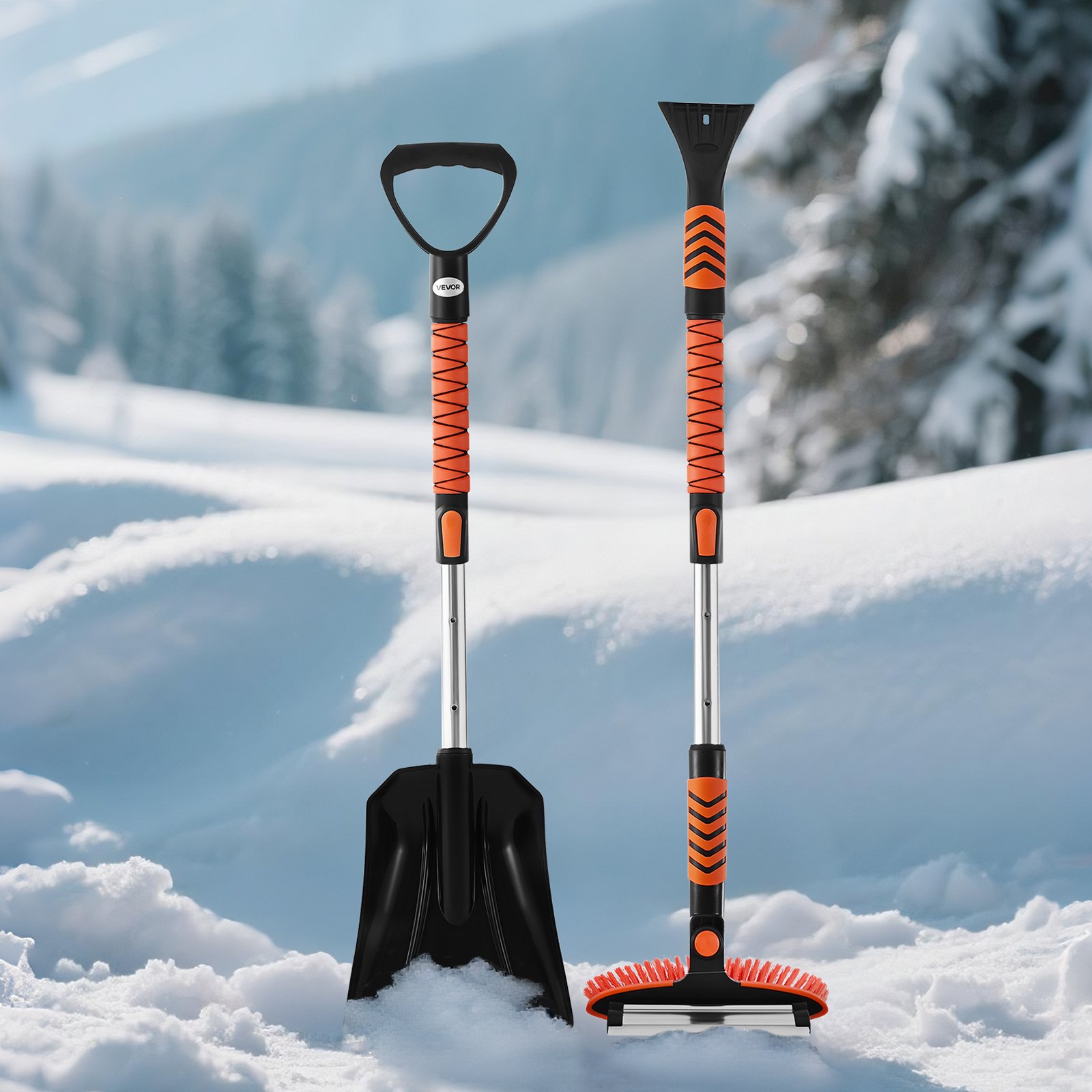 VEVOR Snow Shovel and Snow Brush, 107cm Extendable Snows Broom & Ice Scraper with 180° Pivoting Brush Head, Non-Slip Grip, Portable Winter Snows Removal Tools for Cars Trucks, SUVs Vehicle