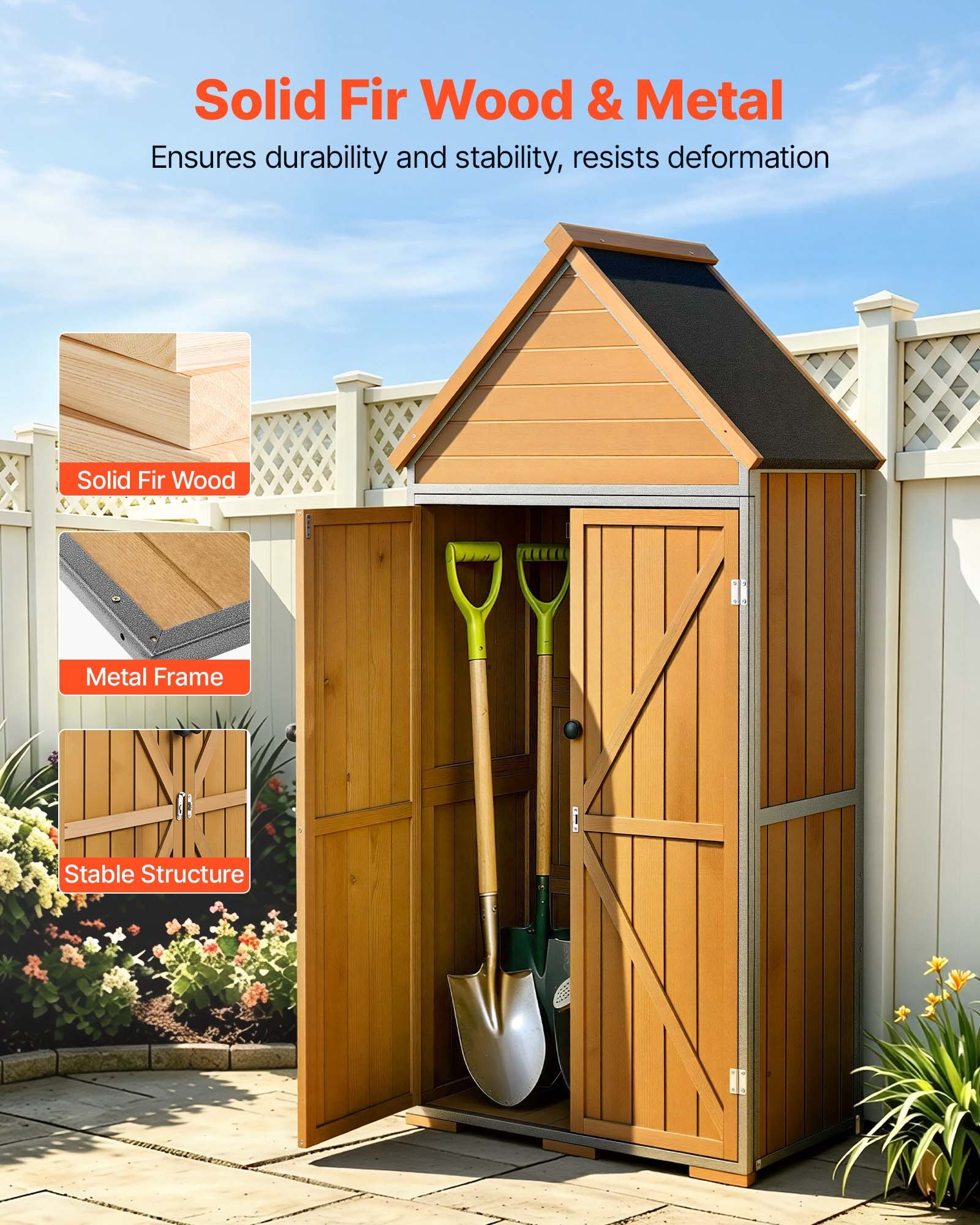 VEVOR Cobertizo de Jardín para Almacenamiento Caseta de Jardín Exterior, con Estantes Puerta con Cerrojo Techo a Dos Aguas, Marco de Madera y Metal, para Organización de Herramientas en Patio Terraza