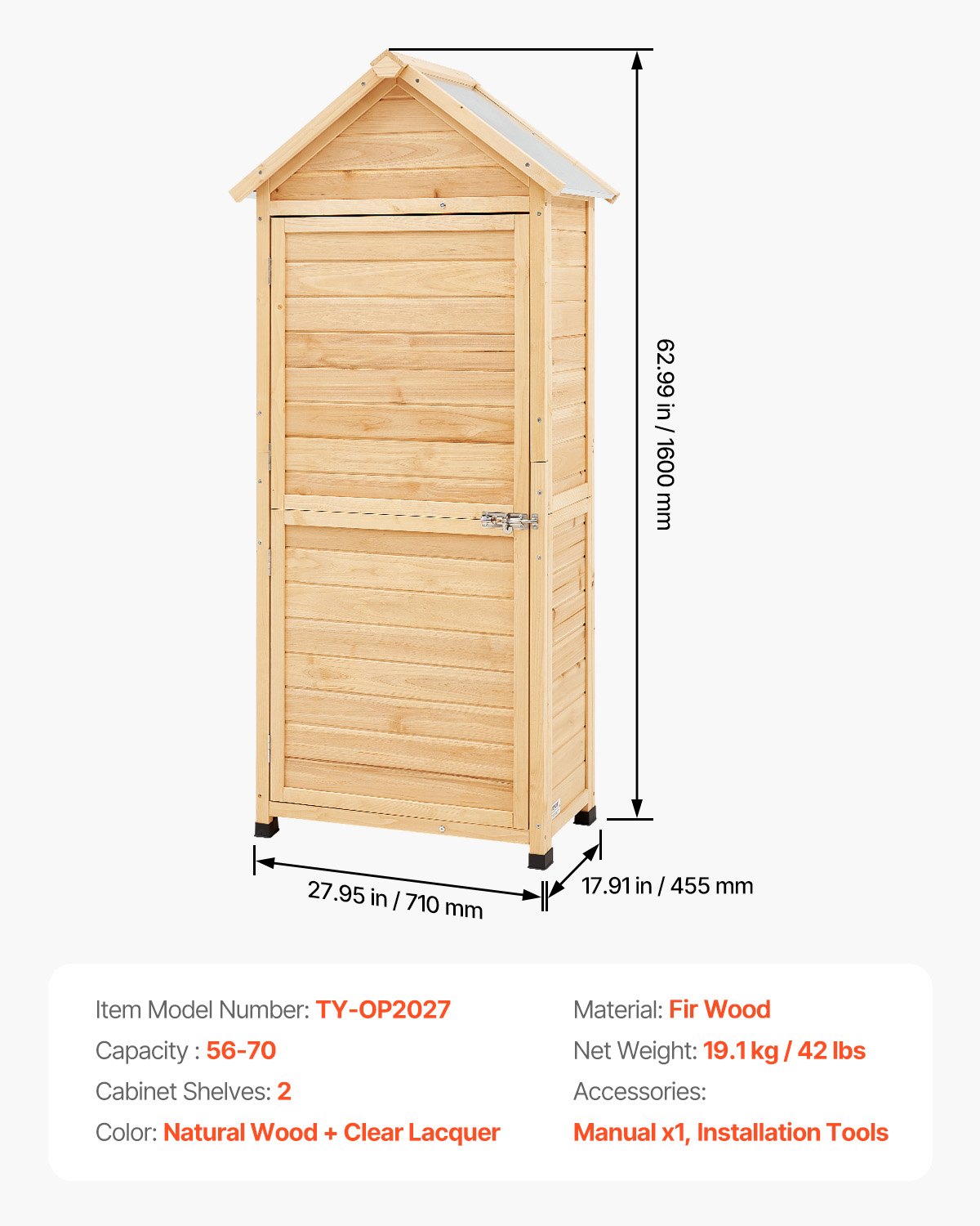 VEVOR Cobertizo de Almacenamiento para Exteriores 71 x 45,5 x 160 cm Cobertizo de Madera para Almacenamiento con Estantes Cerradura Gabinete de Almacenamiento Impermeable para Patio, Jardín, Césped