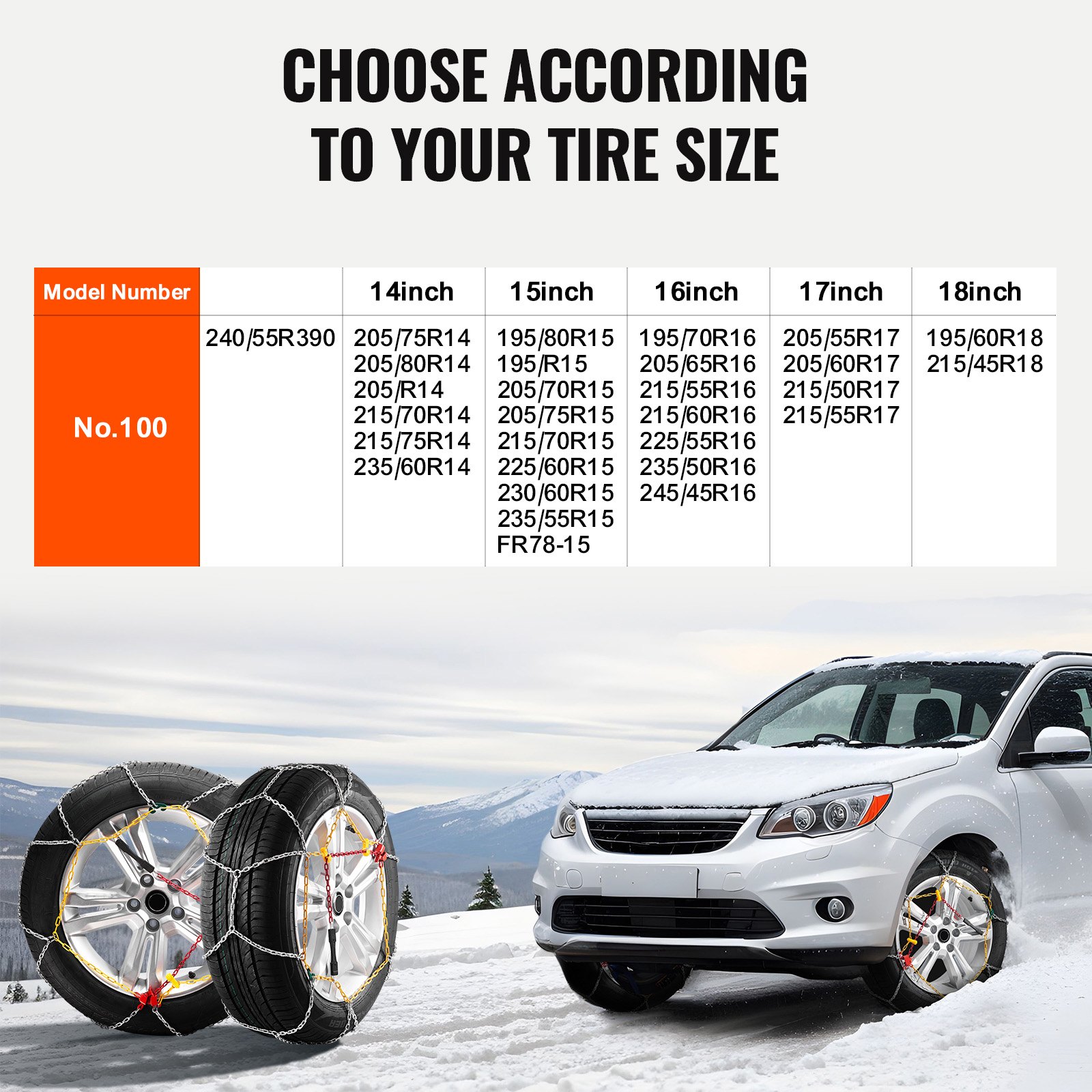 Cadenas para nieve VEVOR de 2 piezas, cadenas para neumáticos de tracción de emergencia de acero de aleación de manganeso, cadenas para nieve para automóviles, camionetas, SUV y camiones, color plateado