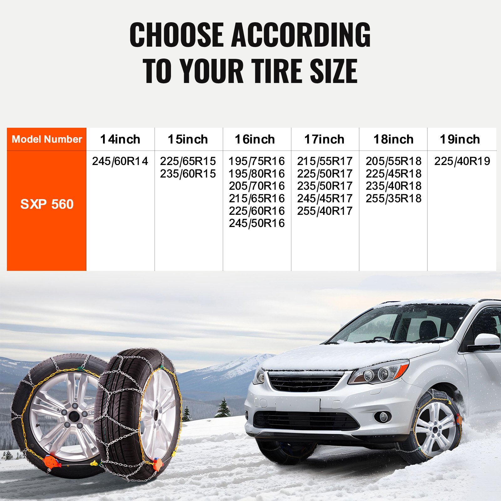 VEVOR Snow Chains Manganese Alloy Steel Emergency Traction Snow Chains, Snow Chains for Cars, Pickups, SUVs and Trucks 605 / 695 mm, for 225/60-16; 215/60-16; 225/65-15; 225/55-16; 235/55-16