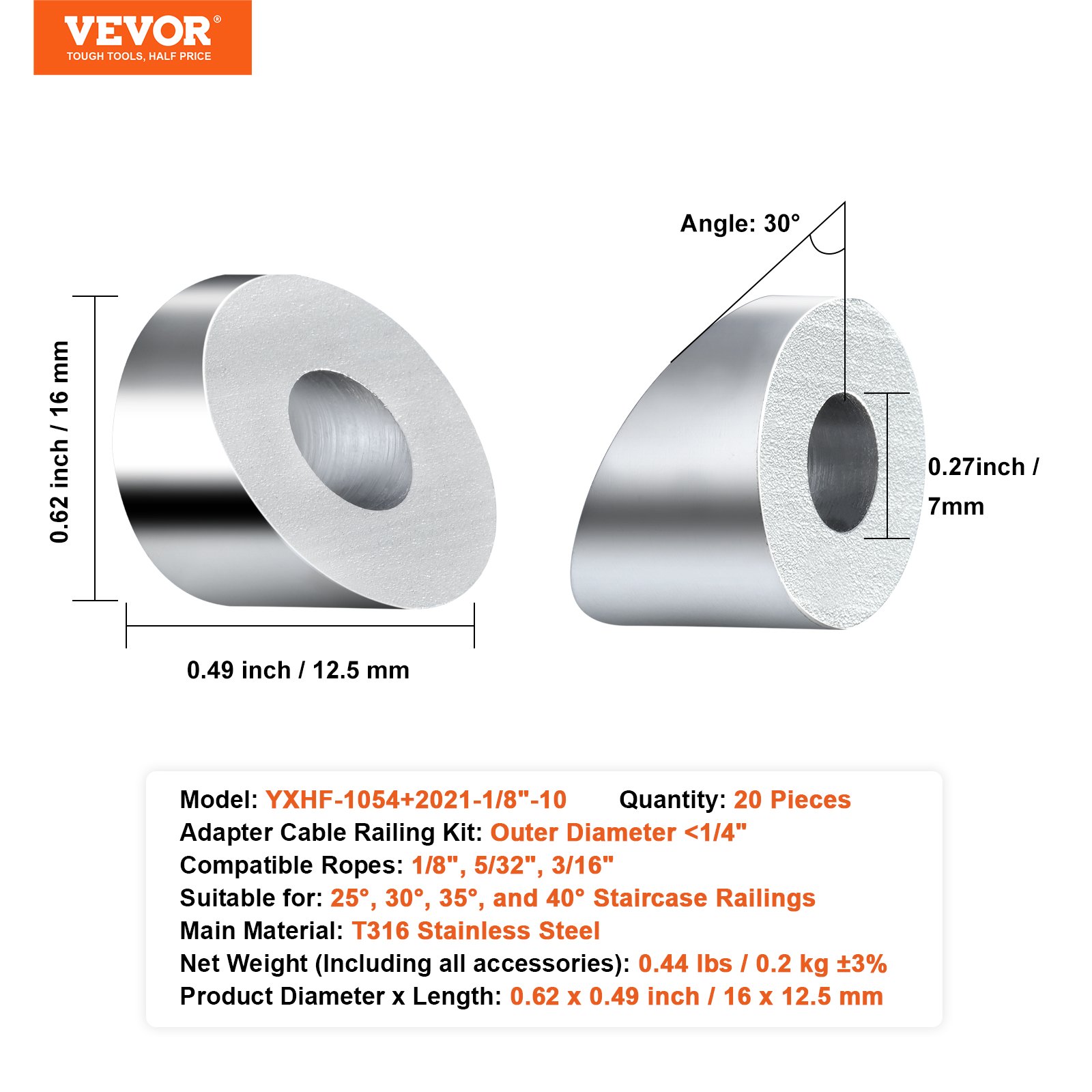 VEVOR Kit de barandilla de cable 20 piezas fundas protectoras para ruedas de 3,2 mm, con terminal y tensor invisible negro, cubiertas protectoras para barandilla de cable de 3,2 mm y 4,8 mm