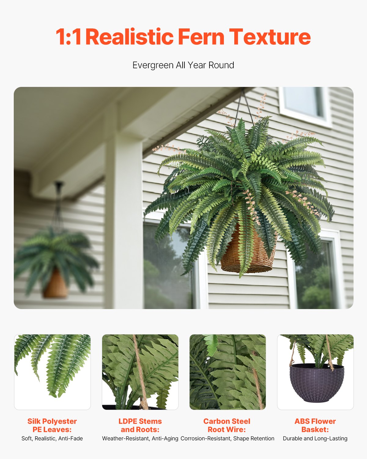 VEVOR Artificial Ferns, 95-105 cm Diameter, Hanging Artificial Boston Fern, Plant Wall Decoration with 80 Branches & Flower Pot, Artificial Fern for Home, Office & Outdoor Areas