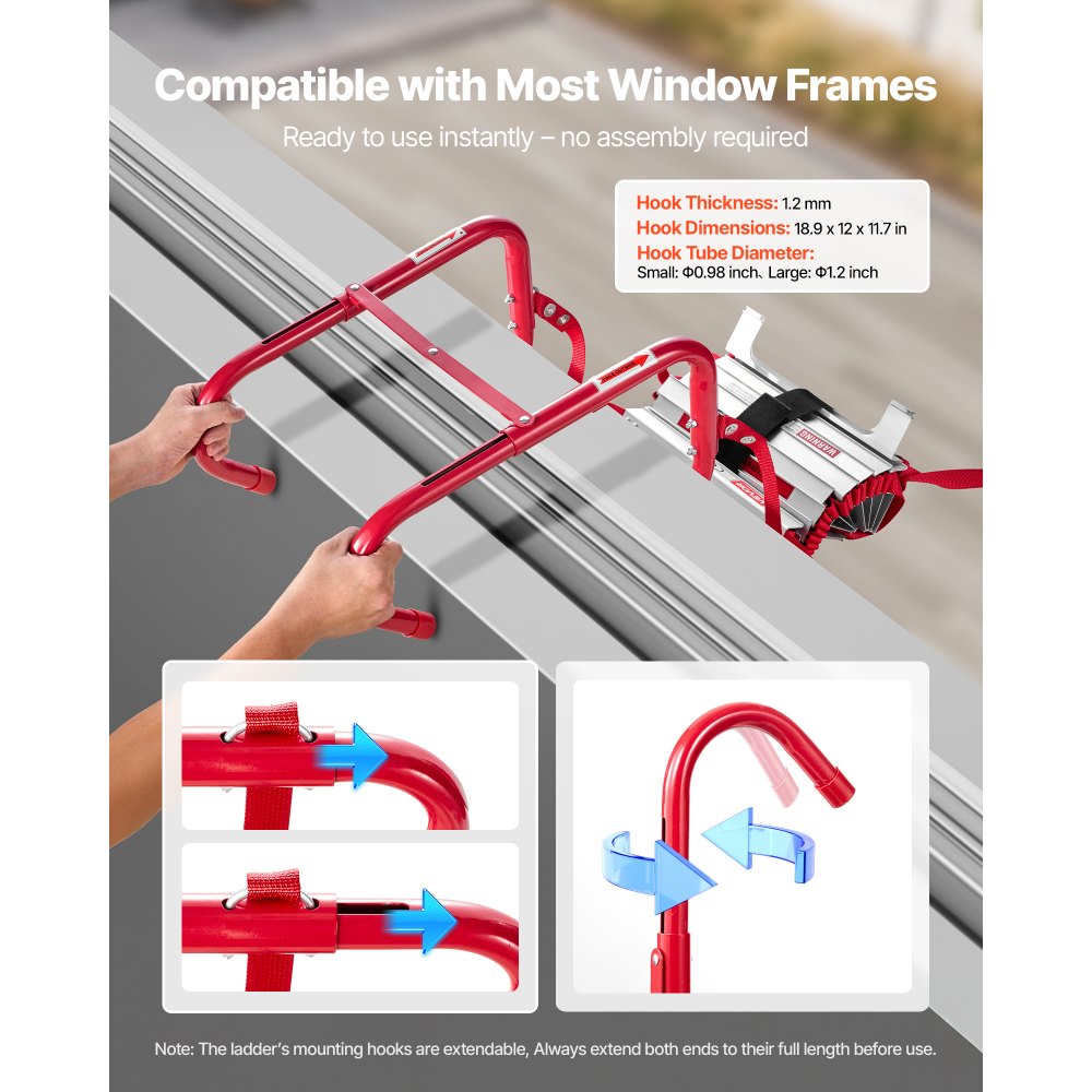 VEVOR Fire Escape Ladder, 5-6 Story 15.24m Retractable Emergency Fire Ladder, Lightweight Aluminum Alloy Safety Escape Ladders with Sturdy Polyester Strap, Anti-Slip & Wide Rungs, 453KG Max Loading