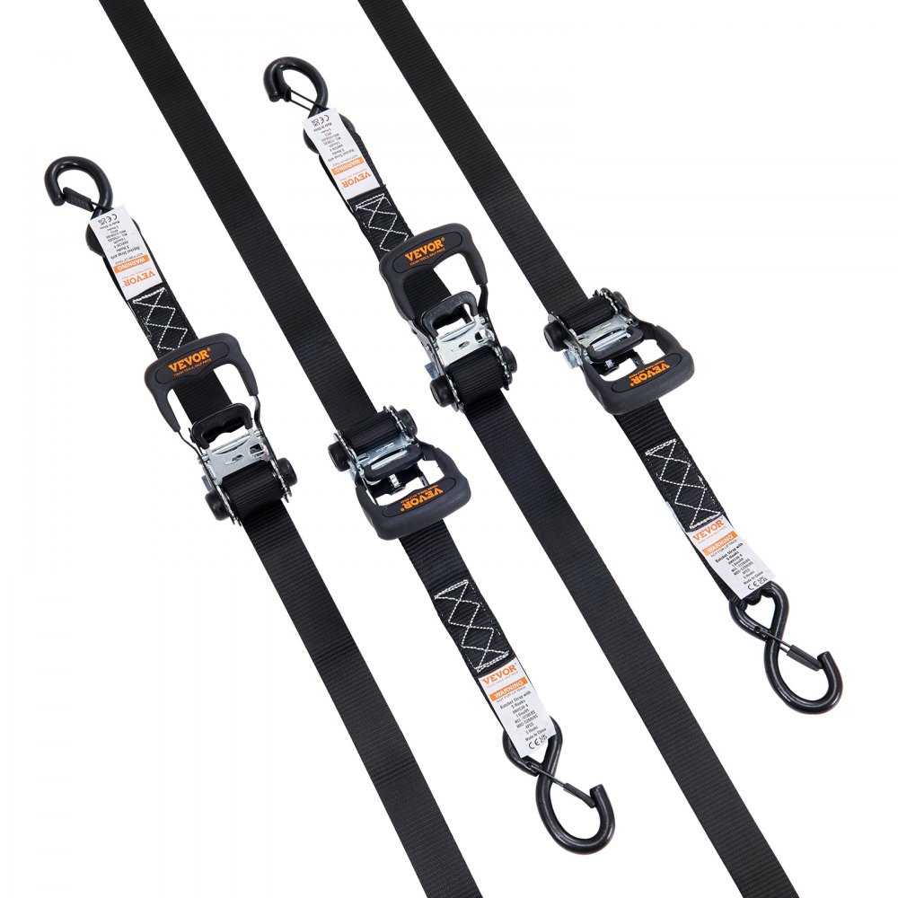 VEVOR 4-pack ratchet straps 0.04 x 2.4 m, 2362 kg capacity, polyester webbing with carbon steel hooks, ideal for motorcycles, bicycles, kayaks, UTVs, boats, and ATVs