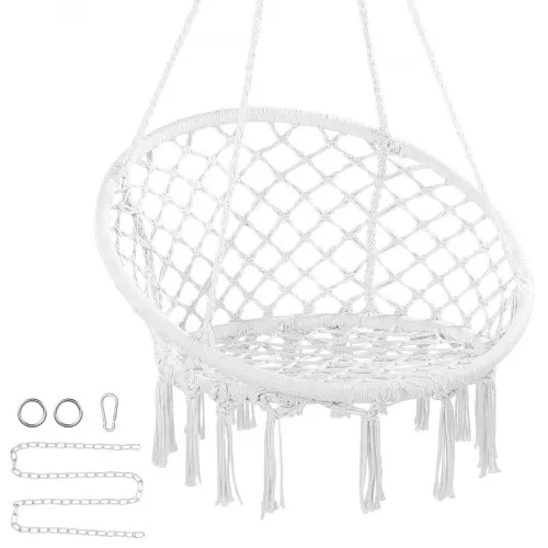 VEVOR Silla Colgante Giratoria de Macramé Carga de 150 kg con Materiales de Montaje, Cuerda de Algodón, Silla Columpio con Flecos para Dormitorio, Terraza, Jardín, Interior, Exterior, Blanco