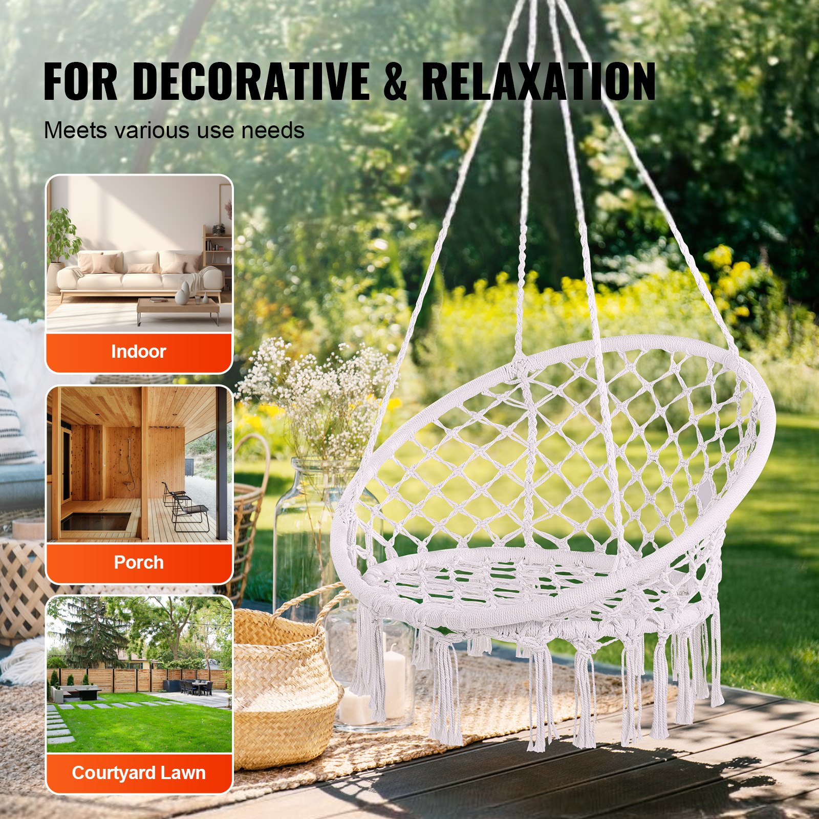 VEVOR Hanging Chair, 150 kg Load Capacity, Macrame Hanging Chair with Mounting Hardware, Cotton Rope Rocking Chair for Bedroom, Balcony, Terrace, Garden, White