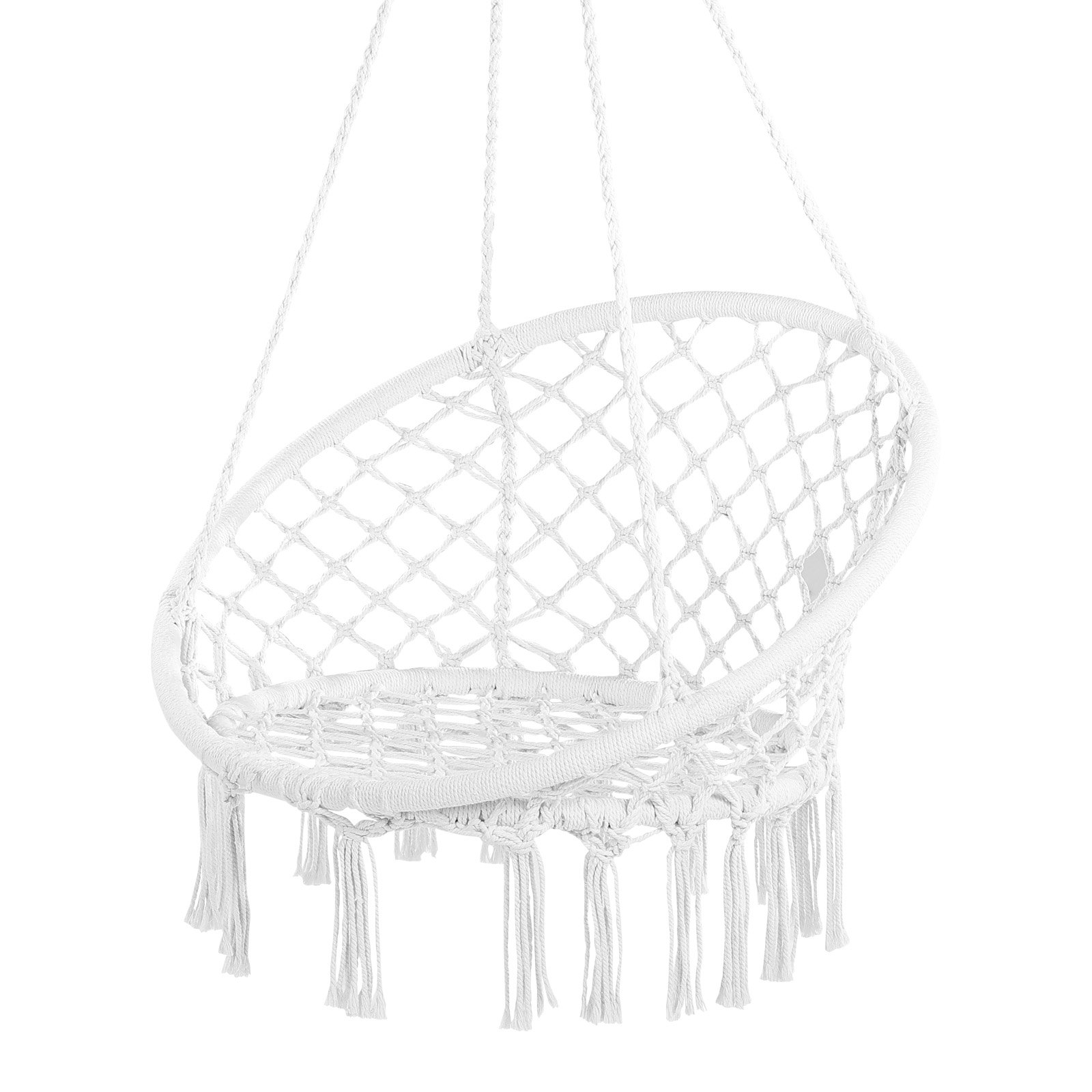 VEVOR Hanging Chair, 150 kg Load Capacity, Macrame Hanging Chair with Mounting Hardware, Cotton Rope Rocking Chair for Bedroom, Balcony, Terrace, Garden, White