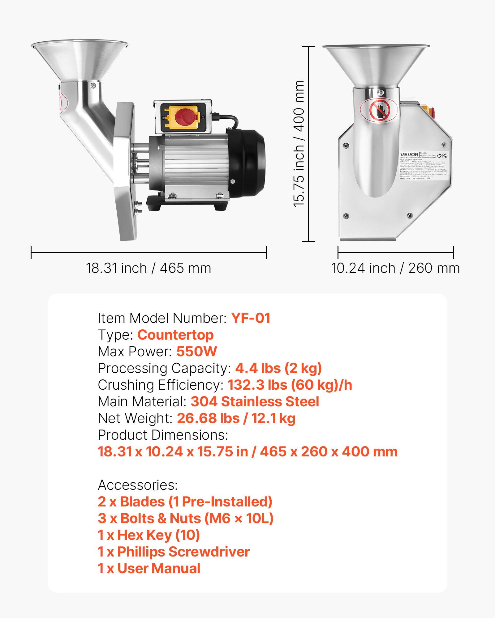 VEVOR Trituradora Eléctrica de Frutas 550 W, Máquina Trituradora de Manzanas de Sobremesa de Acero Inoxidable, para Manzanas Enteras de hasta 70 mm de Diámetro, para Pera, Piña, Zanahoria, Patata