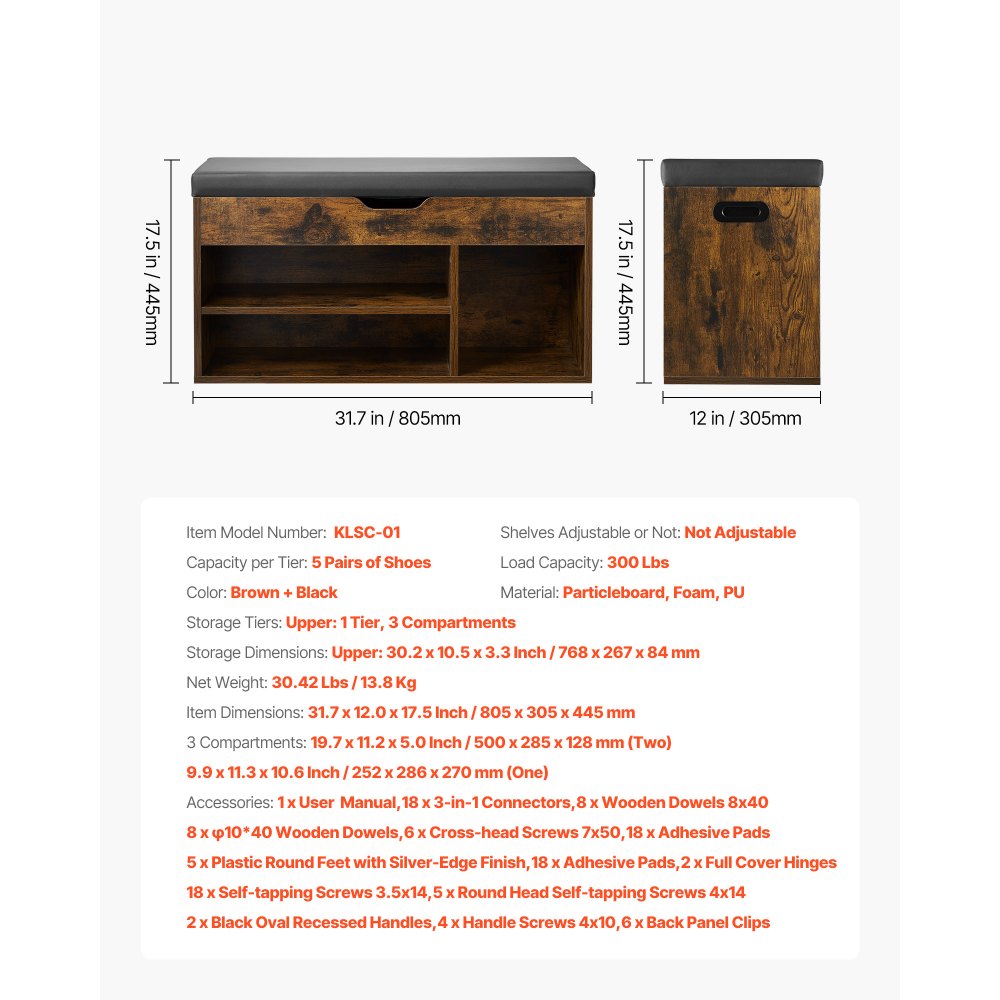 VEVOR Entryway Shoe Bench, 805 x 305 x 445 mm Shoe Storage Organizer with Hidden Lift Top Storage Space, 300lbs Bench with Cushion Seat and 3 Cabinets for Hallway, Living Room, Bedroom, Brown + Black