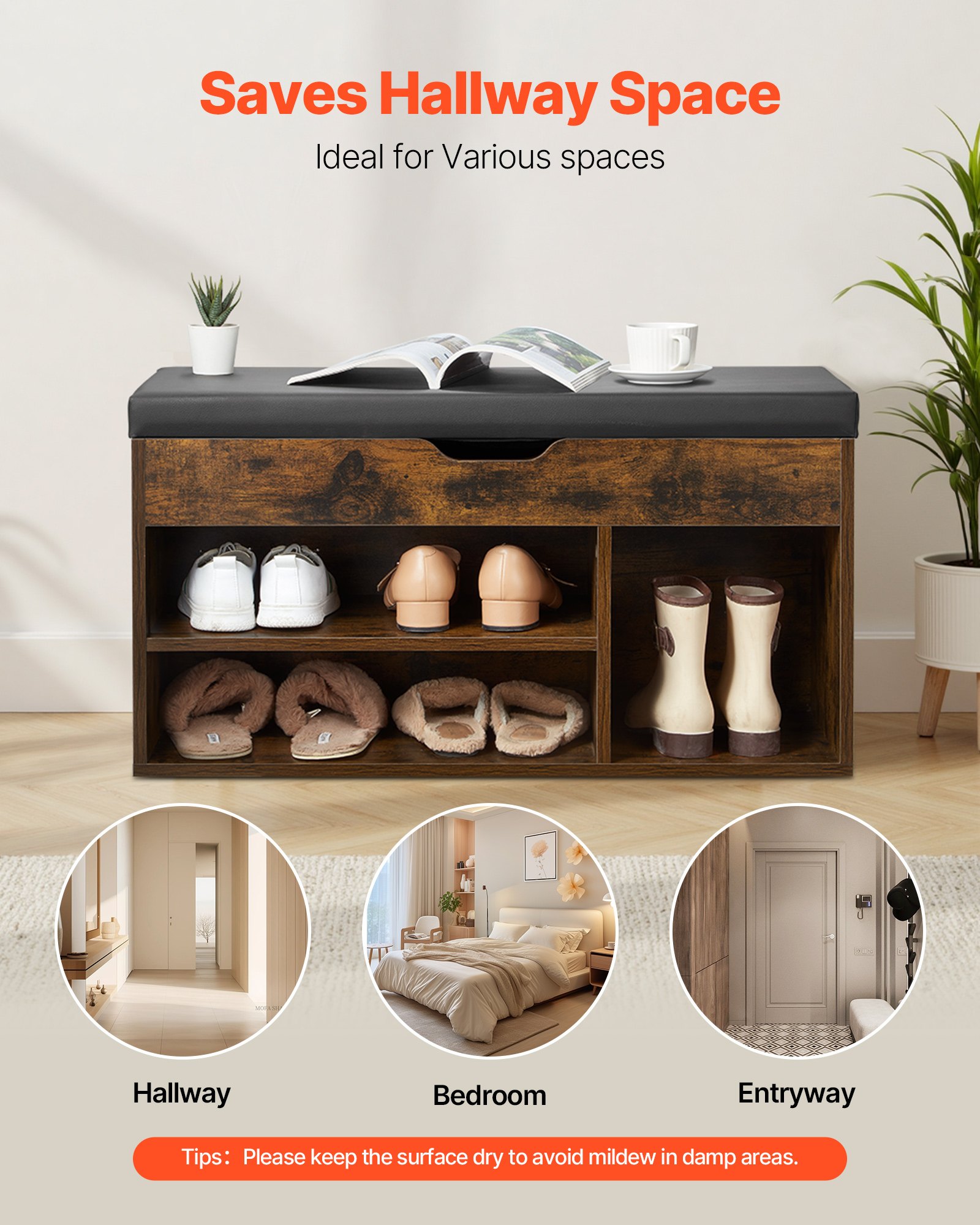 VEVOR Entryway Shoe Bench, 805 x 305 x 445 mm Shoe Storage Organizer with Hidden Lift Top Storage Space, 300lbs Bench with Cushion Seat and 3 Cabinets for Hallway, Living Room, Bedroom, Brown + Black