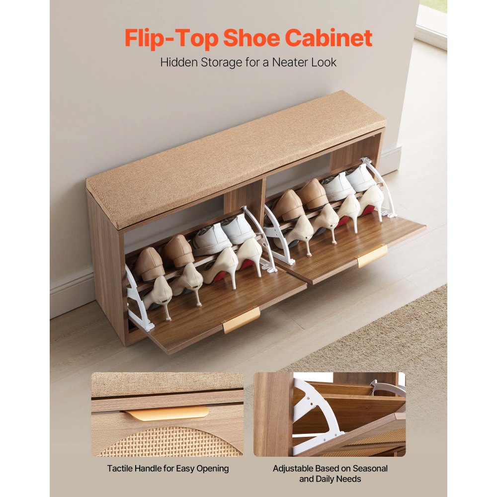 VEVOR Banco de Zapatero 988 x 240 x 500 mm Zapatero con Cojín Capacidad de Carga 200 kg Organizador de Zapatos con Cajones Abatibles, 4 Compartimentos para Entrada de Puerta, Pasillo, Sala de Estar