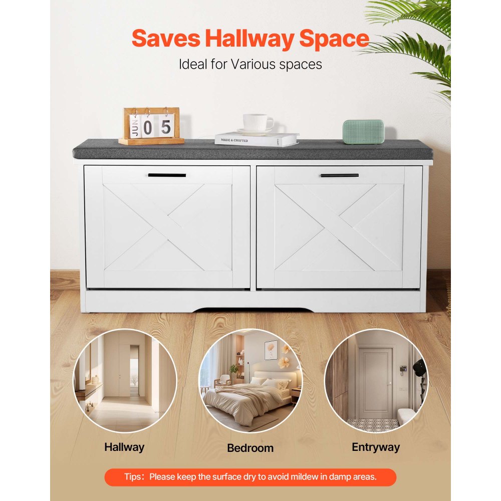 VEVOR Entryway Shoe Storage Bench, 1000 x 305 x 475 mm Shoe Organizer with Flip Drawers, 440lbs Narrow Shoes Rack Bench with Cushion & Flip Doors, for Hallway, Living Room, Bedroom, Black + White