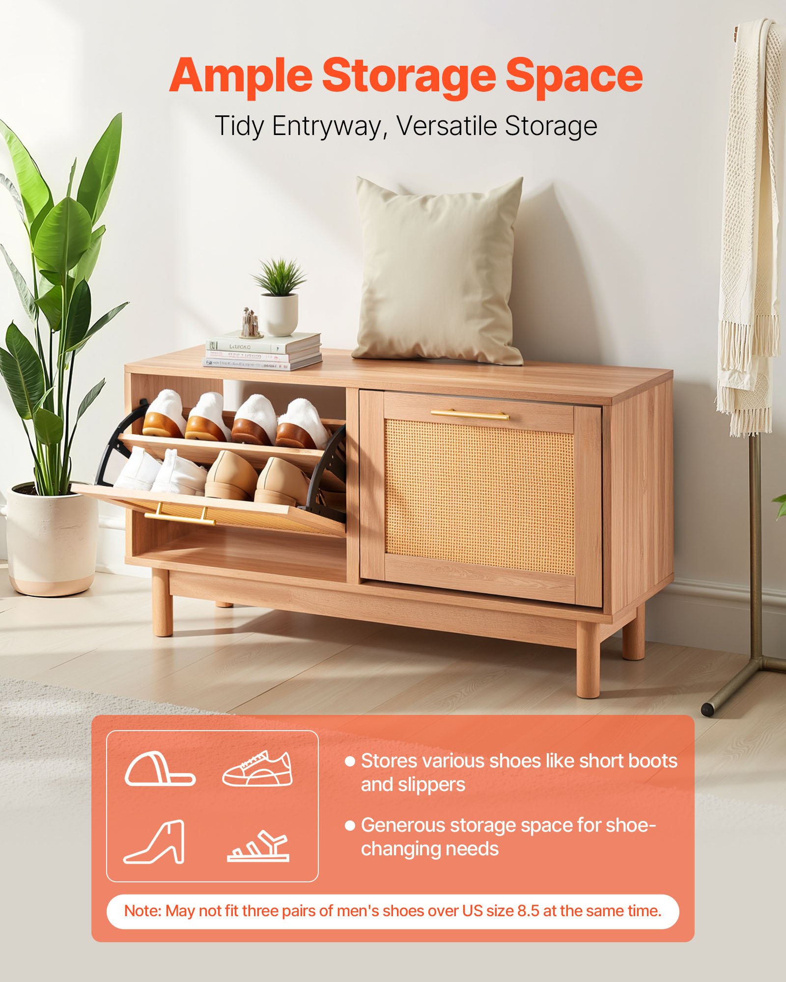 VEVOR Entryway Shoe Bench, 1000 x 300 x 530 mm Rattan-Like Shoes Bench with 2 Flip Drawers, 300lbs Shoe Storage Rack with 4 Compartments and 2 Rattan Doors, for Hallway, Living Room, Bedroom