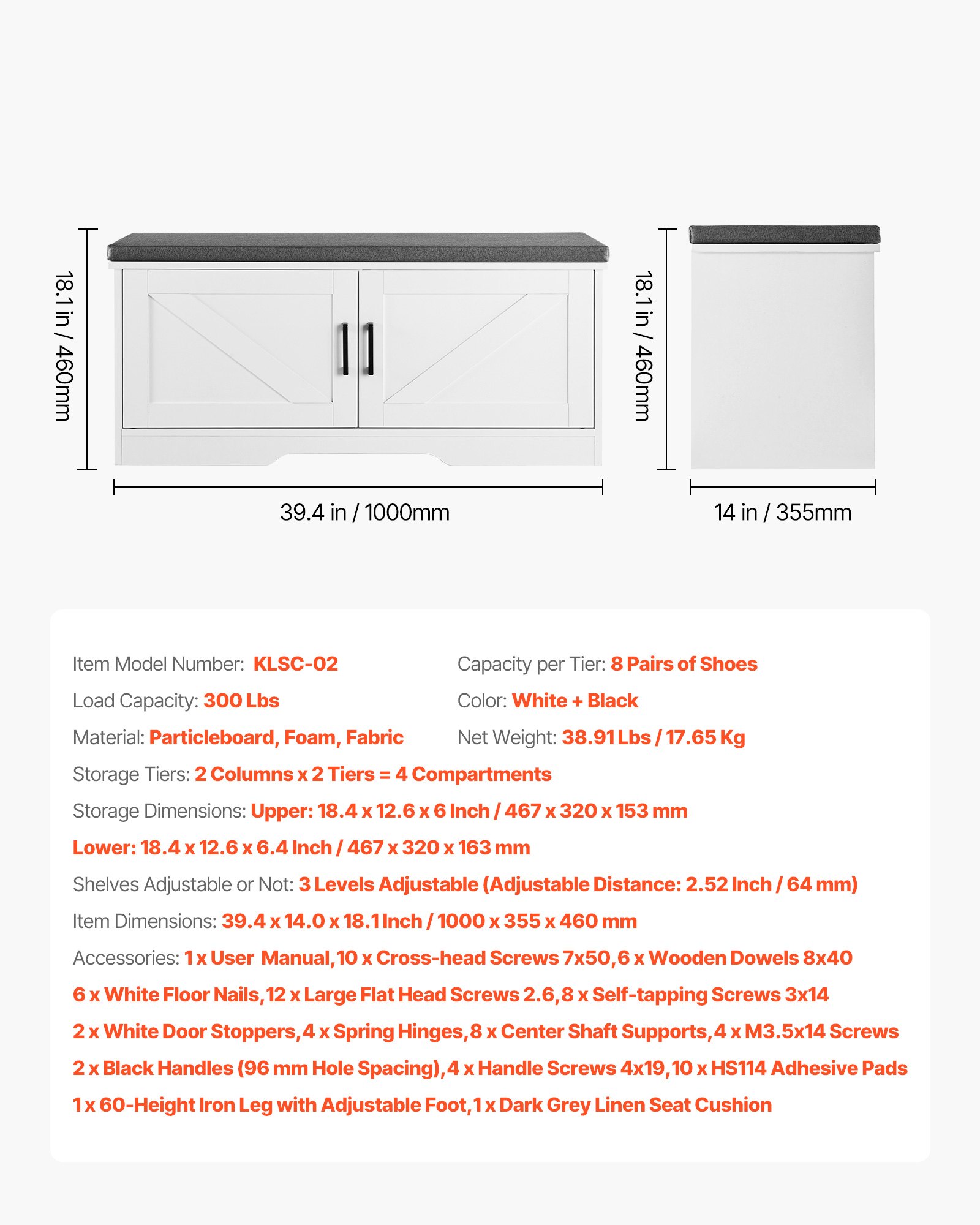 VEVOR Shoe Storage Bench, 1000 x 355 x 460 mm Shoe Organizer with Padded Seat Cushion, Entryway Bench with 2 Barn Doors and Height Adjustable Shelf, for Hallway, Living Room, Bedroom, White + Black