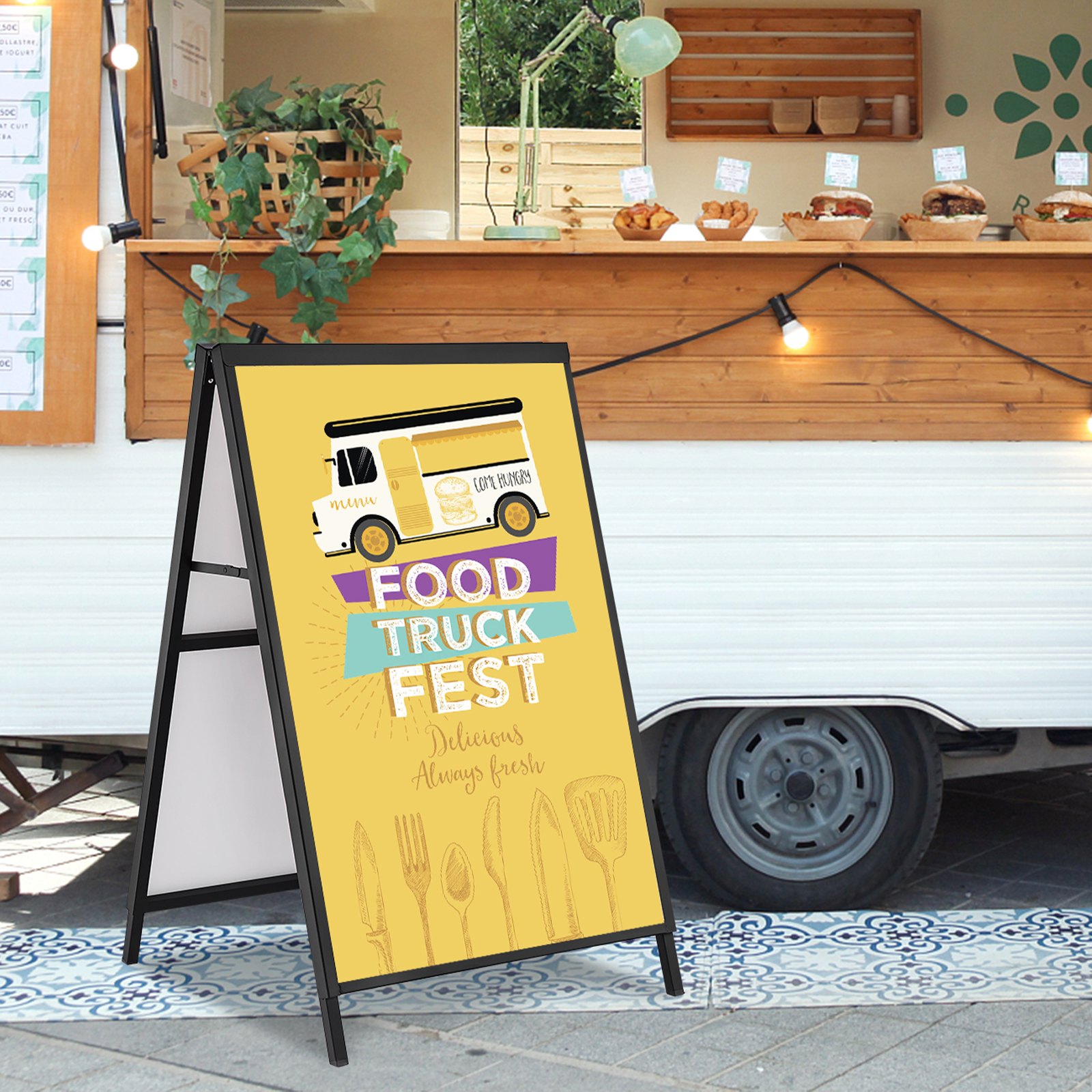 VEOVR Soporte para Carteles en Forma A Expositor Doble Cara 91x61 cm Caballete de Acero para Carteles Plegable y Portátil Tablero Publicitario Impermeable para Bares Restaurantes Exposiciones Exterior