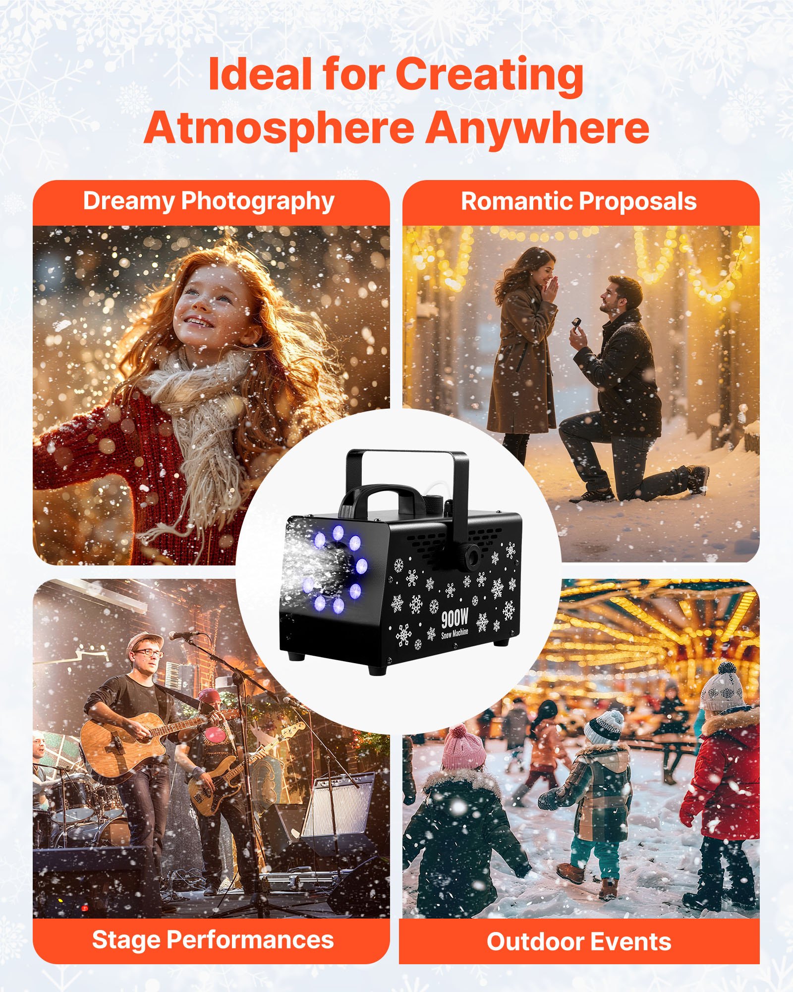 VEVOR Snow Machine, Powerful 900W, Handheld/Hanging Snow Maker with Ambient Light, Wireless Remote Control Snowflake Maker with 1L Fluid Tank, Outdoor Snowflake Making Machine for Christmas Party