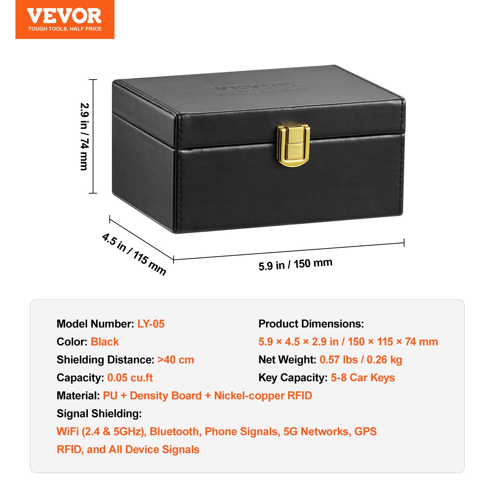 VEVOR Caja Faraday, Caja de Cuero Sintético con Bloqueo de Señal 150 x 115 x 74 mm, Protector de Llavero sin Llave para WiFi, RFID, GPS, Bluetooth y 5G, Caja Antirrobo para 5-8 Llaves de Coche, Negro