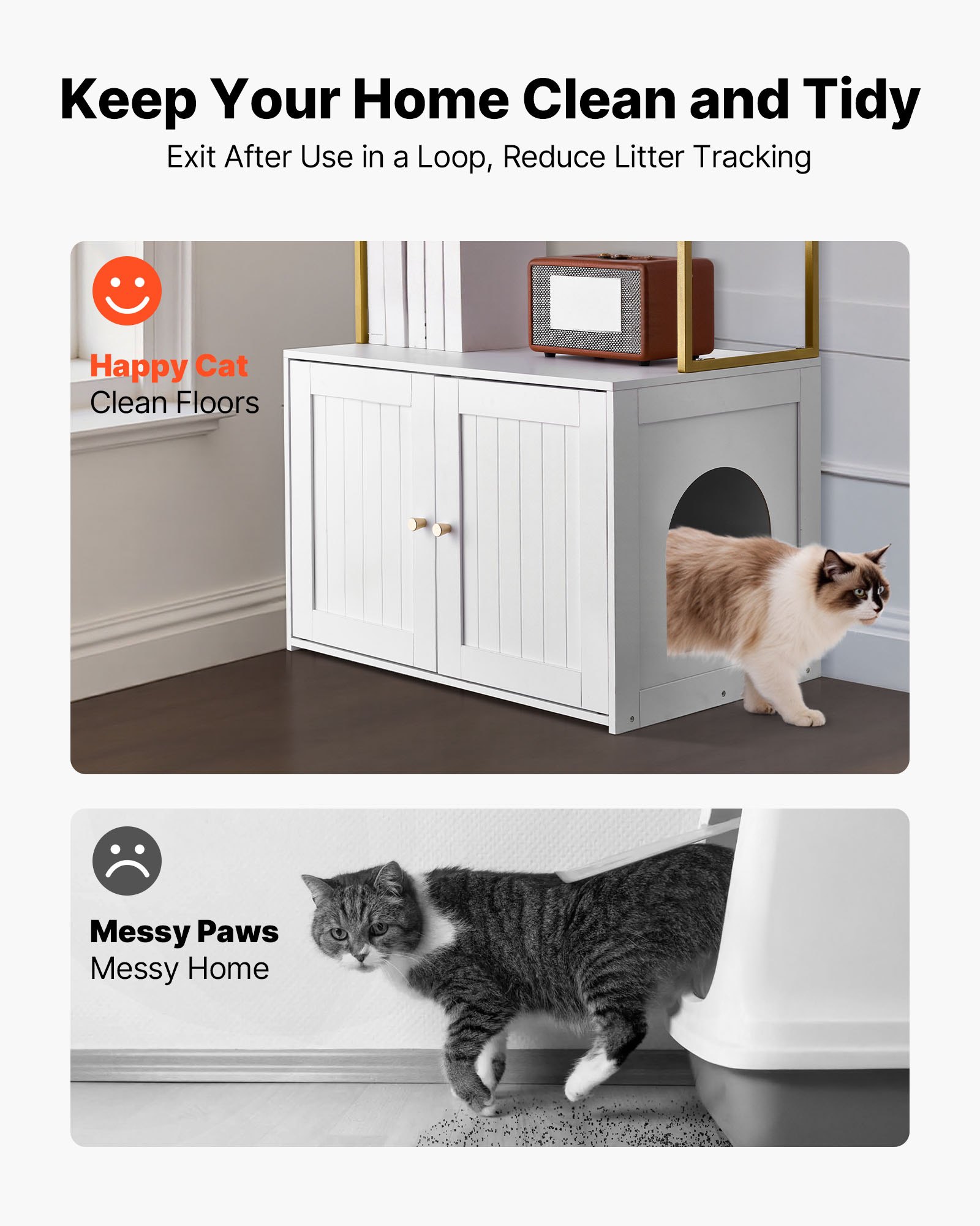 VEVOR Cat Litter Box Enclosure Furniture, 70 cm Hidden Litter Box Cabinet with Metal Legs & 2-Tier Storage Shelves, Waterproof Cat Washroom Cat House, Fit Most of Litterbox, for Living Room